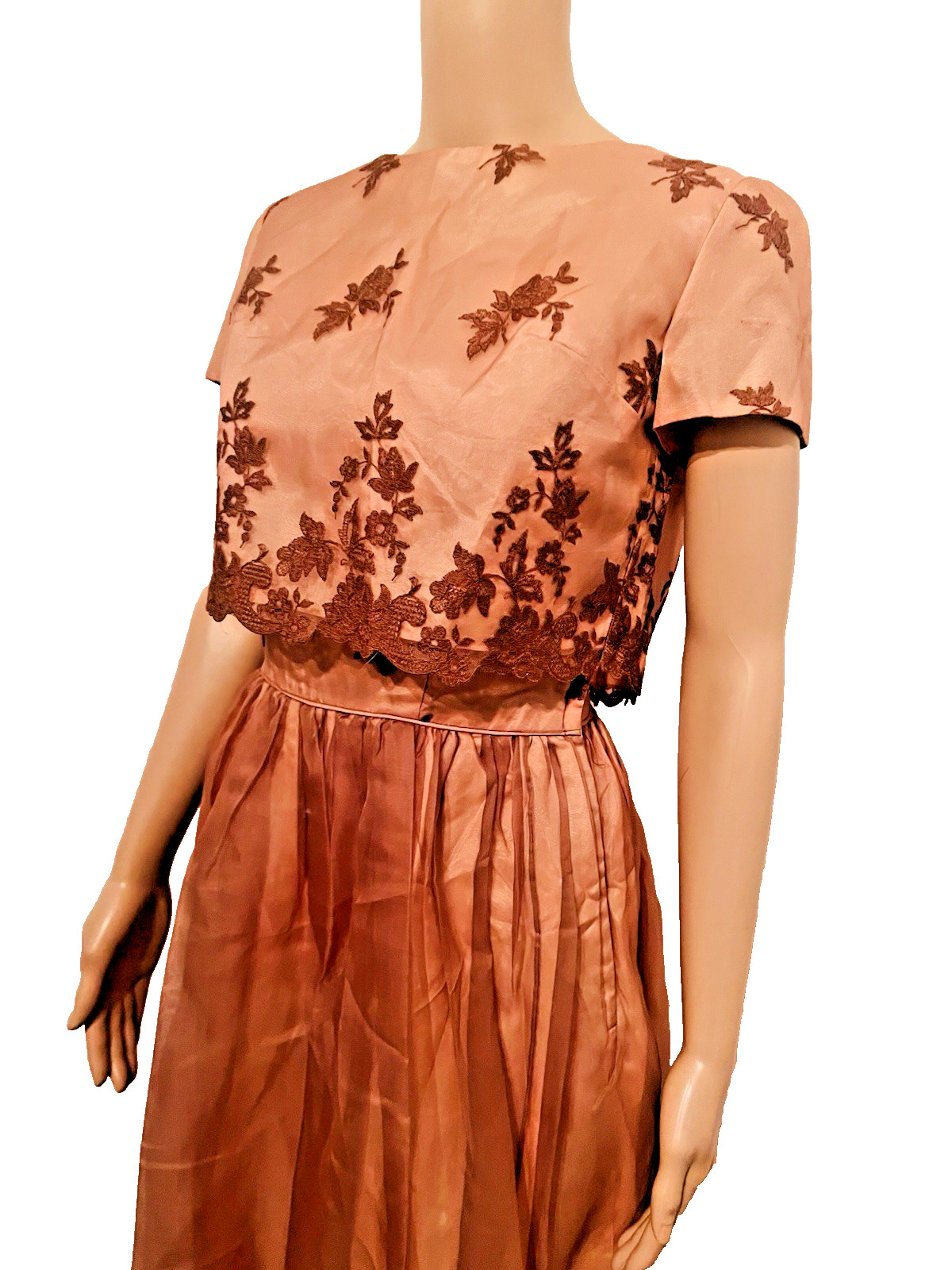 VTG 50s Nina 2pc Copper/Brown Cocktail Dress & Jacket Embroidered Floral Lace M*