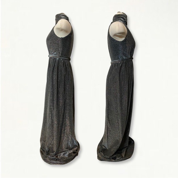 Vintage 1970s Silver Metallic Studio 54 Keyhole Jewel Belted Halter Maxi Dress