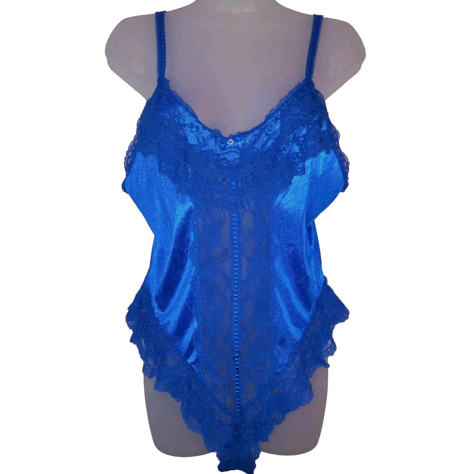 Vintage 90s Blue Wet Look Nylon Floral Lace Snap Crotch Teddy Lingerie M