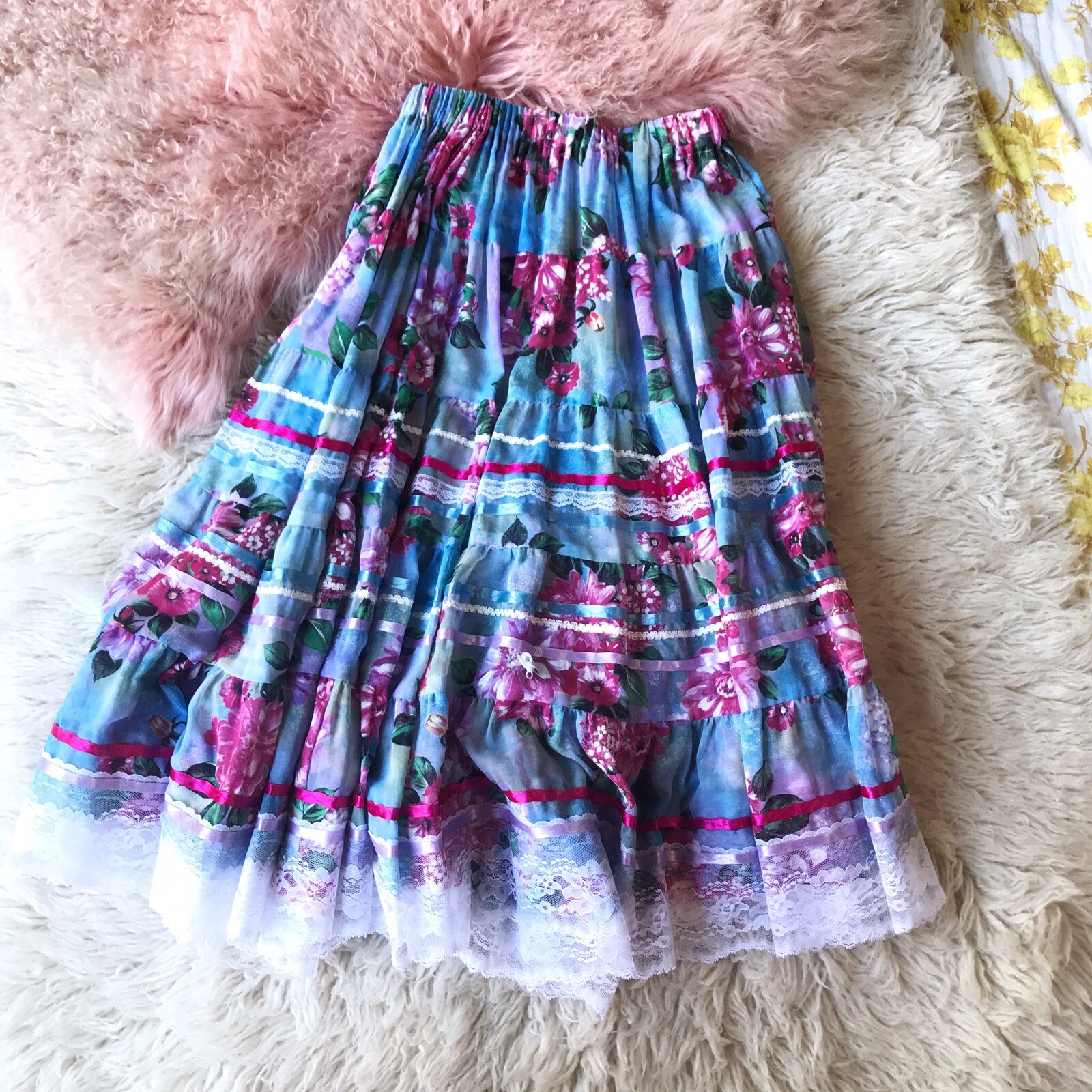 Vintage 70&rsquo;s Prairie Floral Calico Lace Cottagecore Homespun Skirt Women&rsquo;s Med L