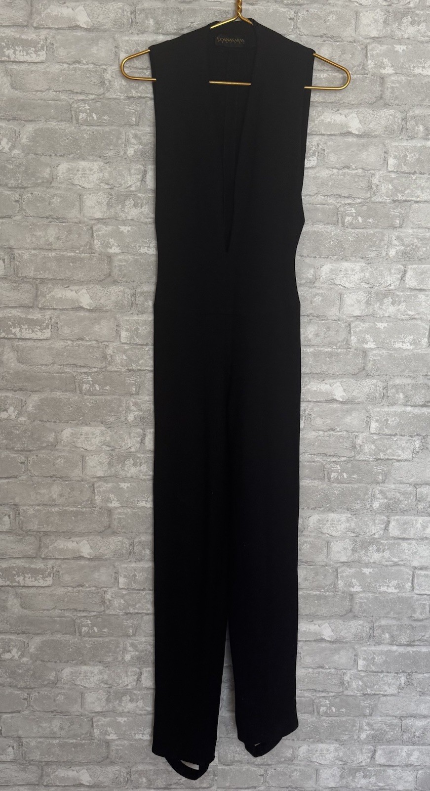 1980s Donna Karan NY Plunging Stretch Stirrup Pant Jumpsuit Vintage Black XS/S