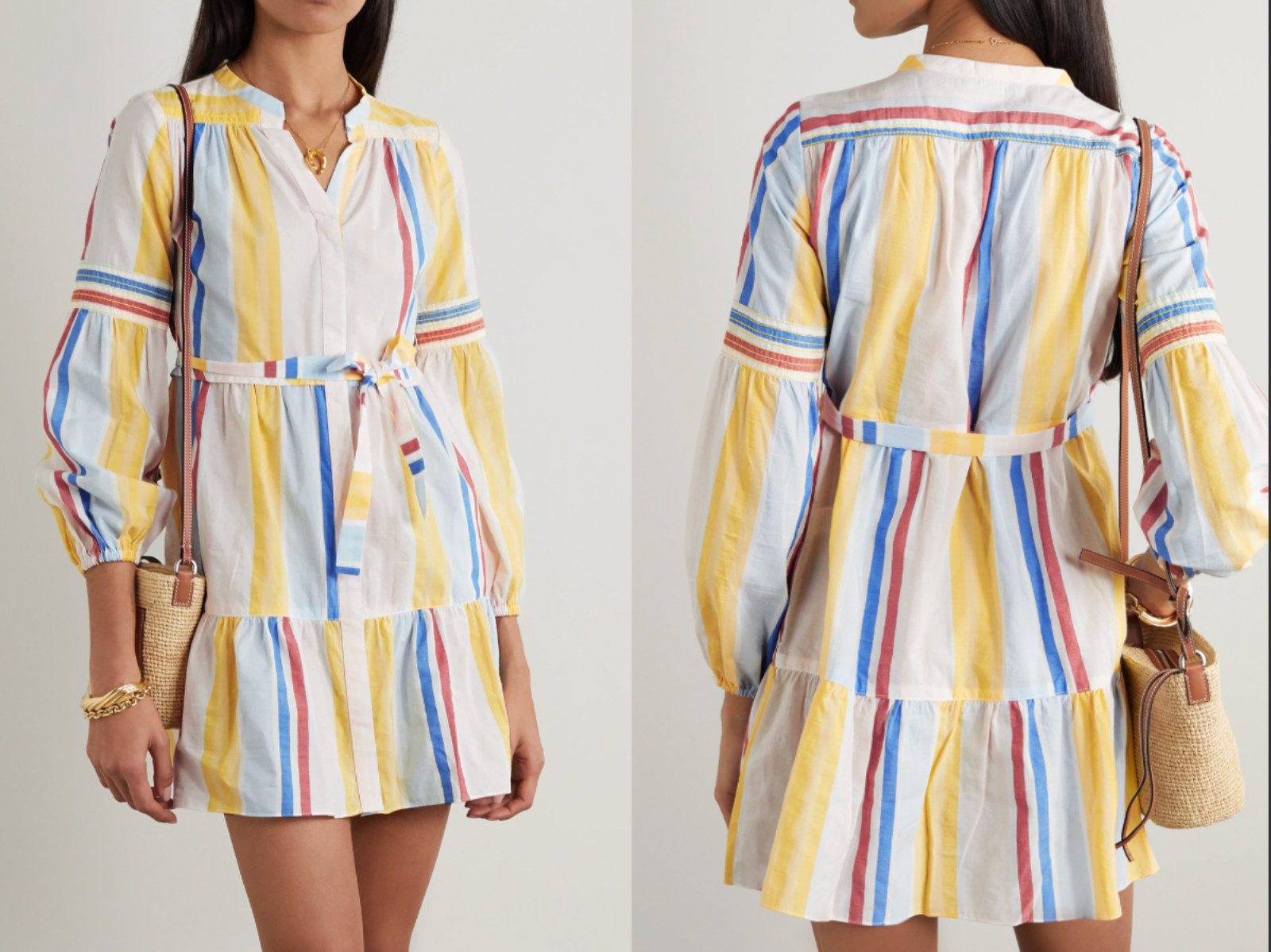 LEMLEM Jima Belted Tiered Striped Woven Mini Dress Gown Mini Dress Tie Belt M