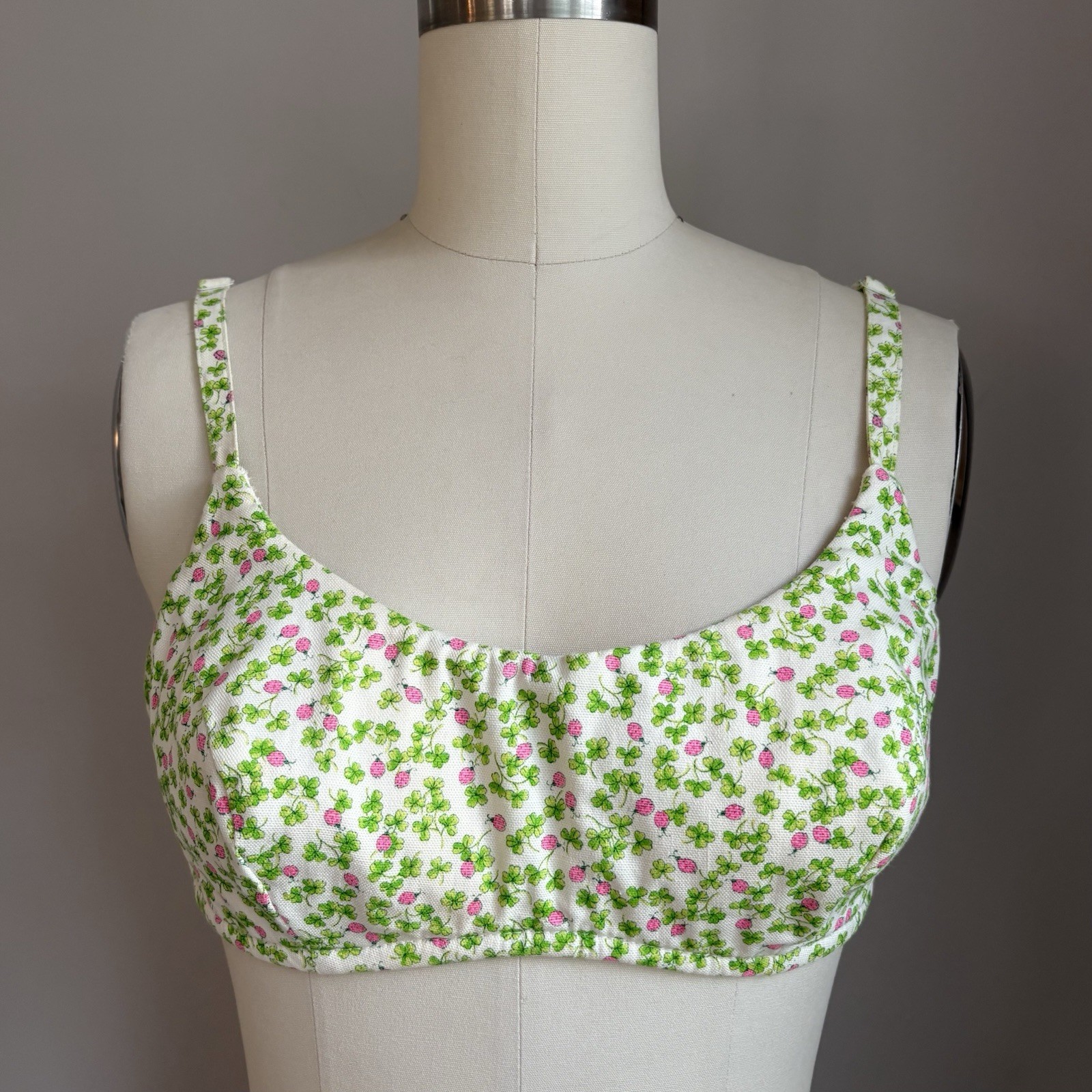 Vintage 1960’s Four Leaf Clover Shamrock & Pink Ladybug Bikini Halter Top XS