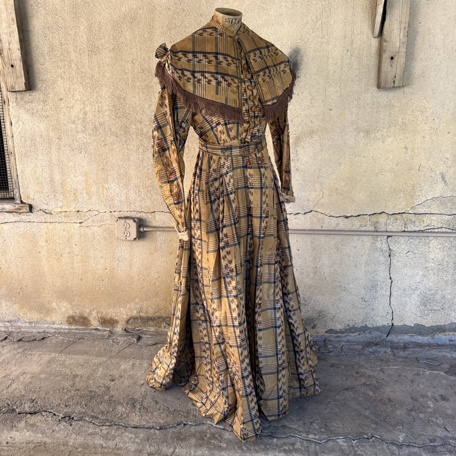 Antique Victorian Brown & Blue Plaid Silk Dress & Cape 1860s Vintage