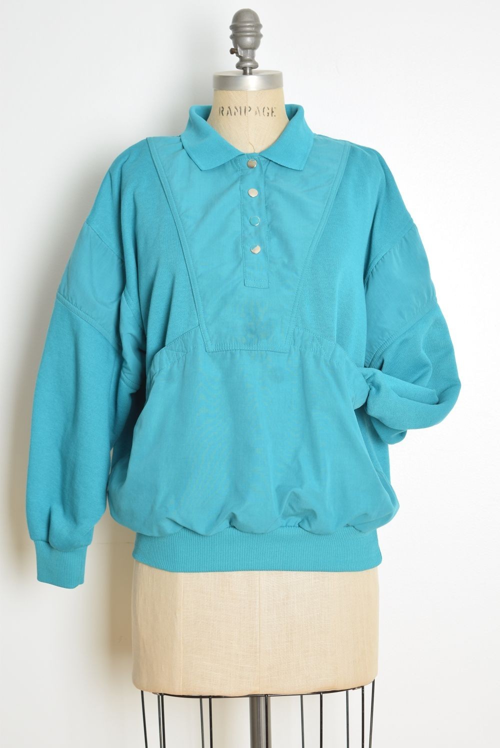 vintage 80s unisex sweatshirt teal kanga pocket new wave polo top shirt L XL