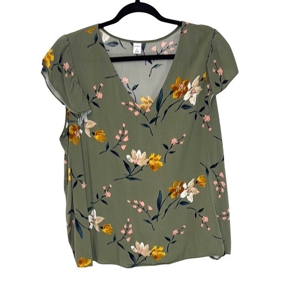 Old Navy Green Flutter Sleeve Floral Print V-neck Blouse Top Women&rsquo;s XL