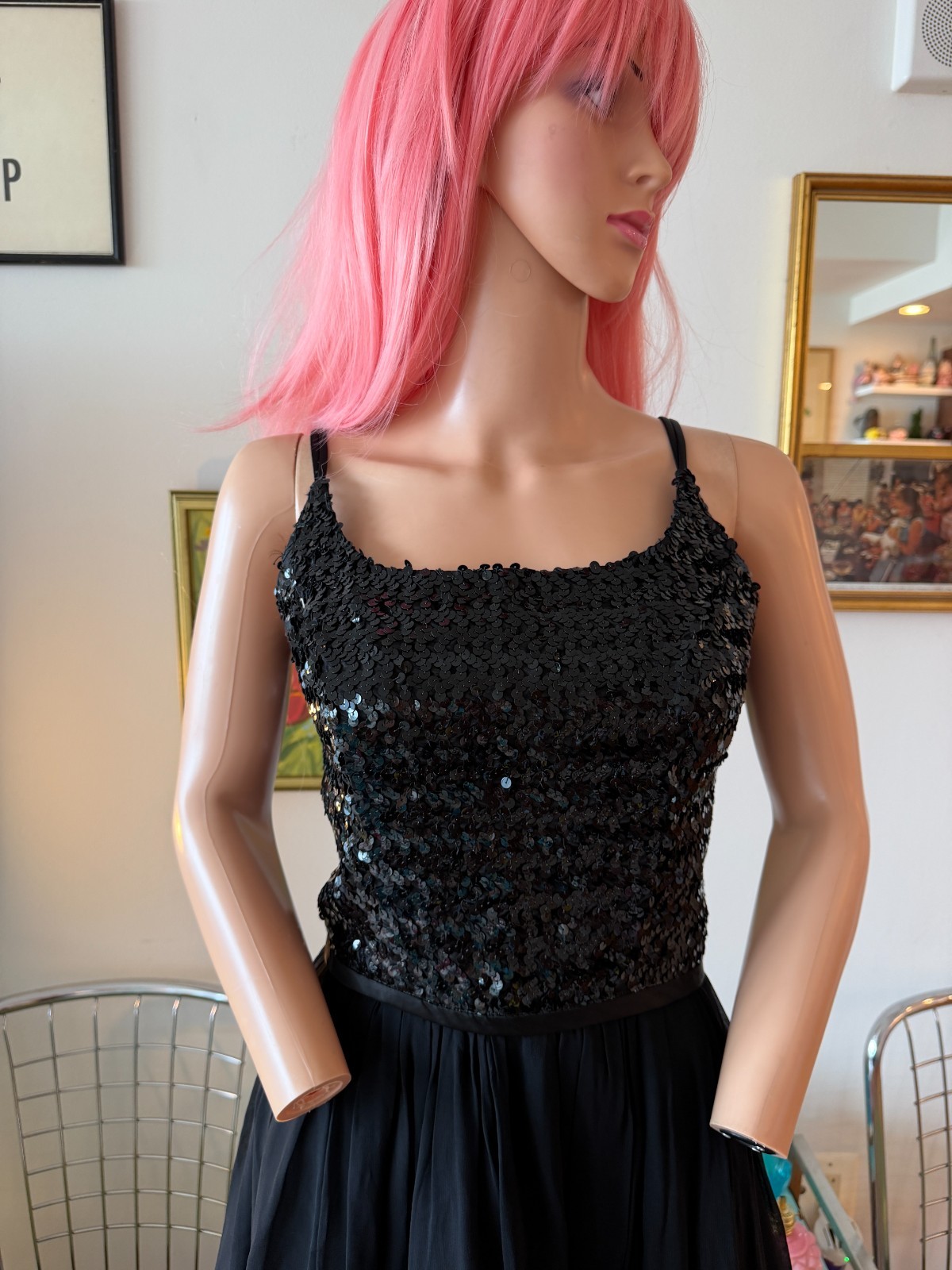 ✨ Vtg 50s 60s Black Sequin Bodice Chiffon Circle Skirt Party Dress Metal Zip M