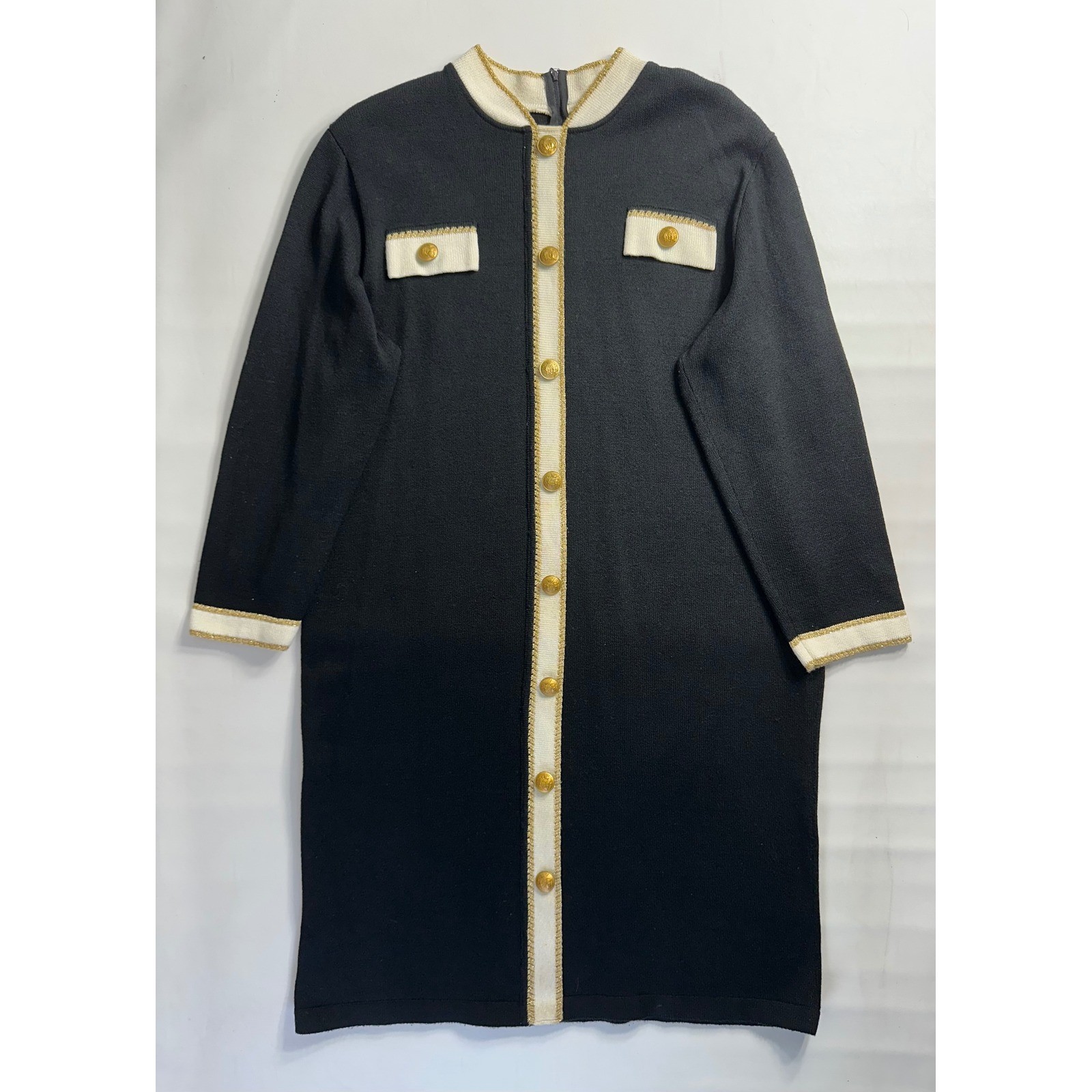 Ami Knits Vintage Black Knit Shift Dress Gold Buttons Size 18 Made in USA Preppy
