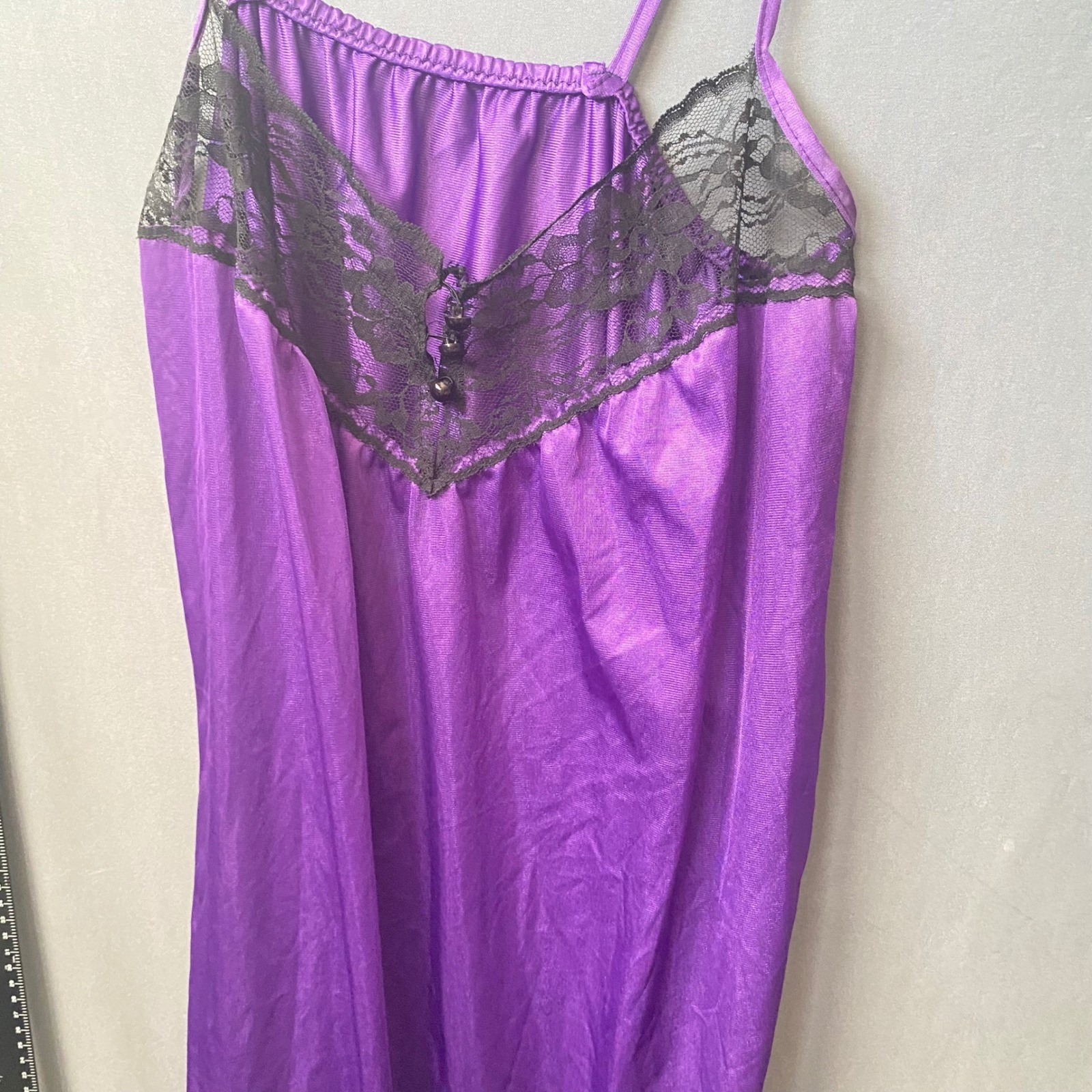 Lady Cameo Dallas Vintage Purple Satin Black Lace Trim Sexy Strappy Nightgown US