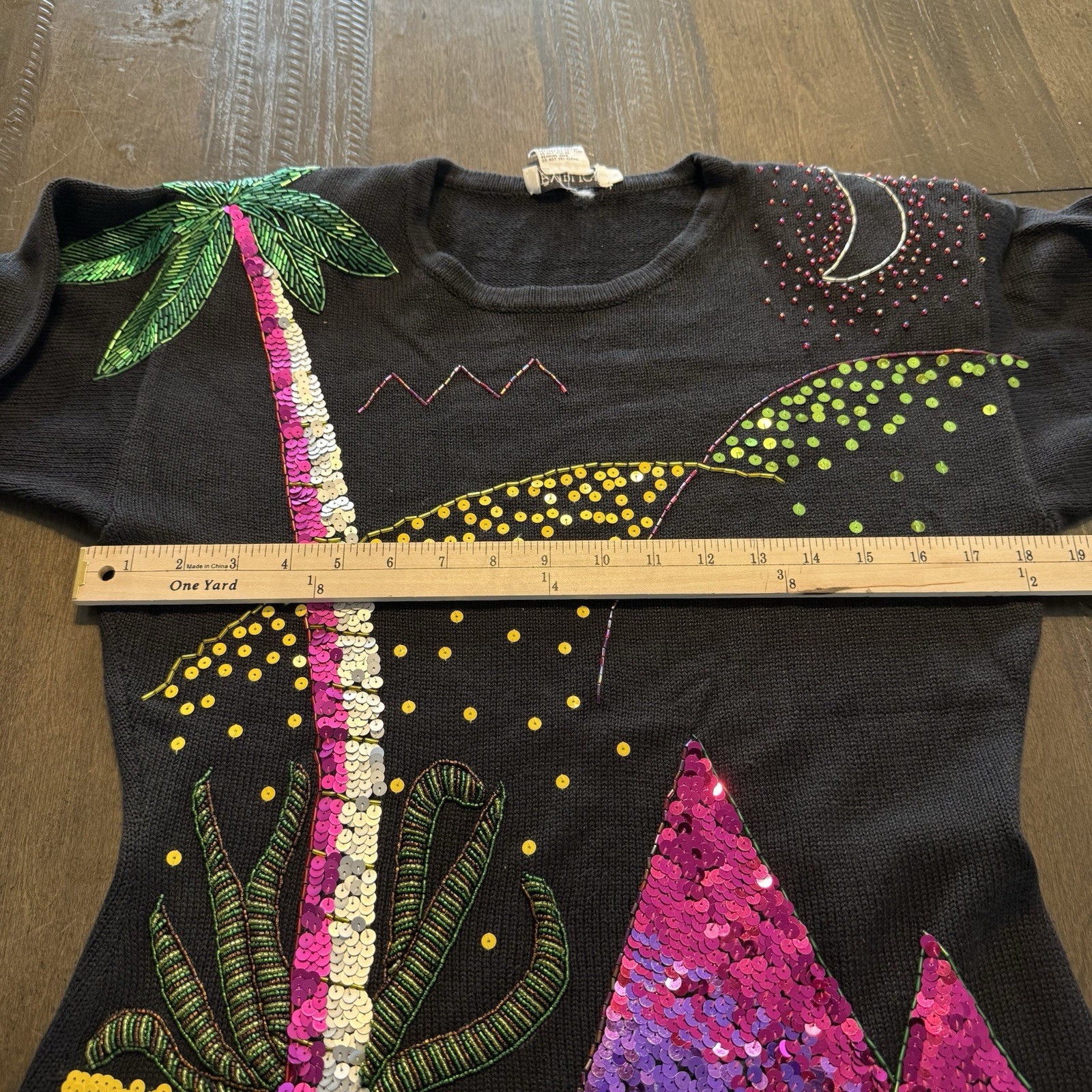 VTG Semplice Sequin Palm Tree Sweater M Black Pop Art Shoulder Pads Beach