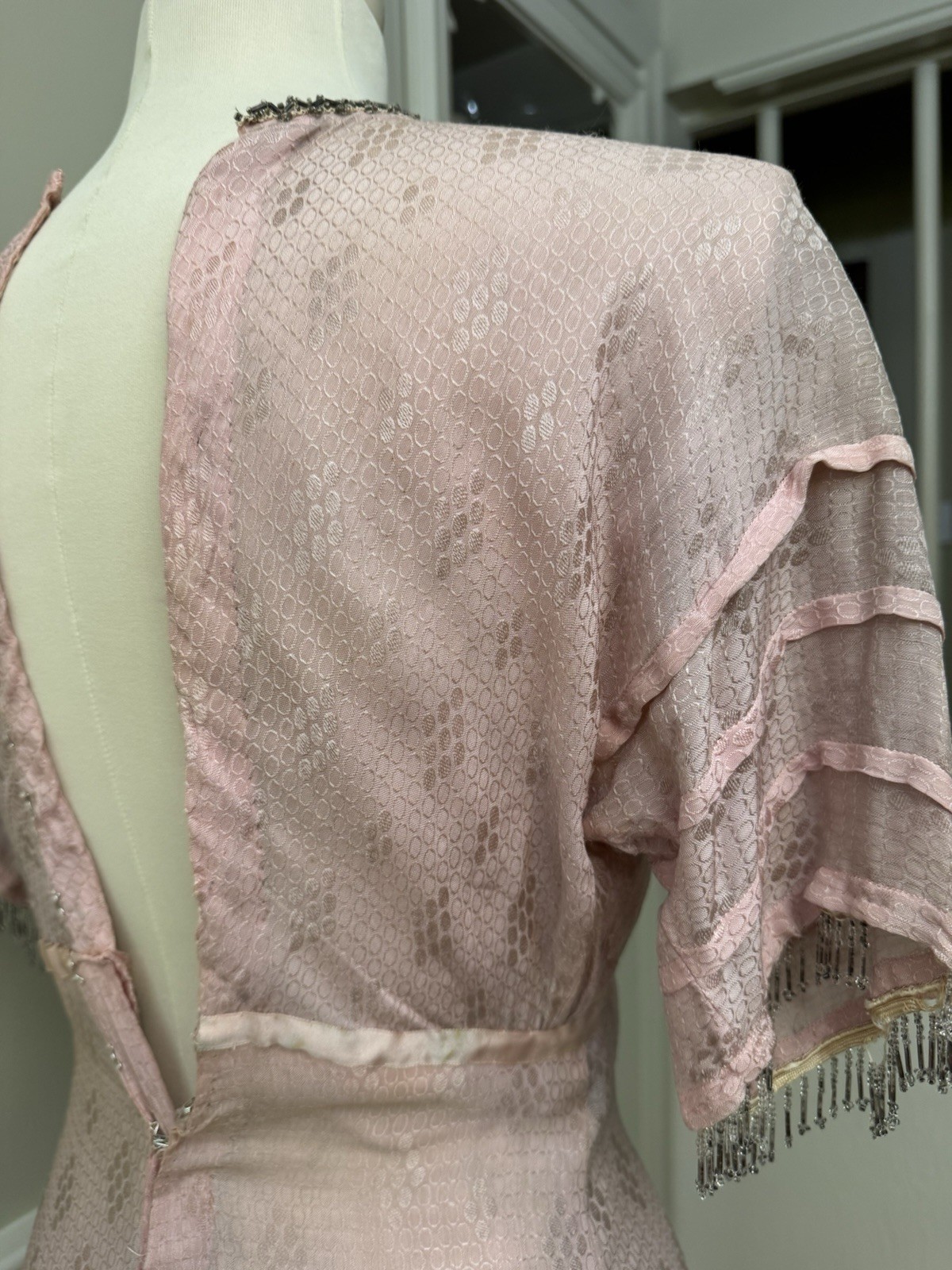 Vintage 1920s Pink Silk Jacquard Flapper Dress Soutache Bugle Bead Fringe Deco