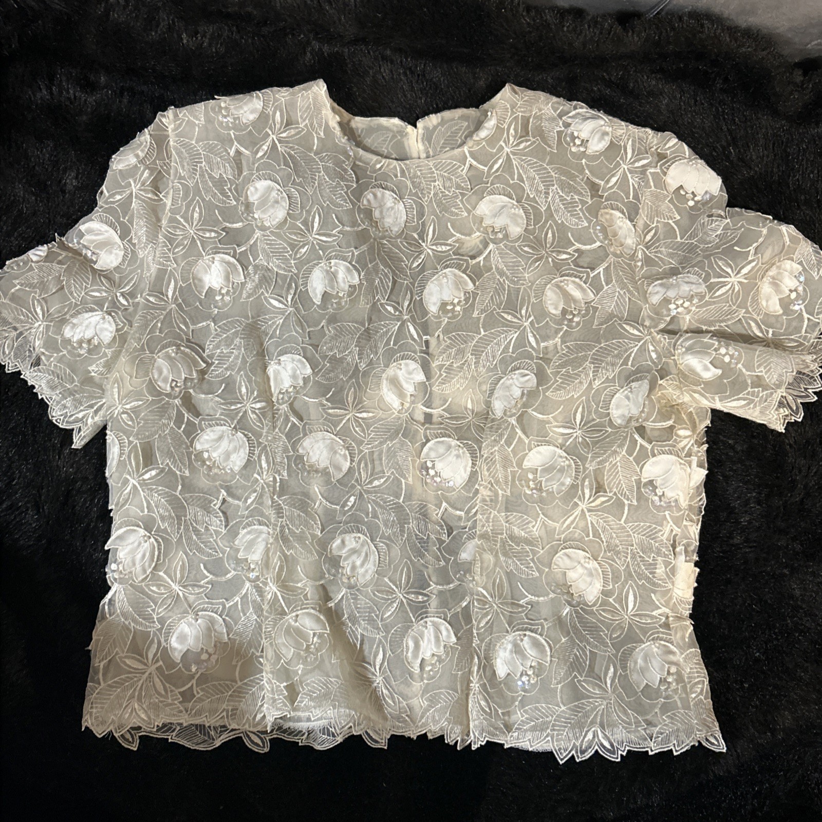Vintage Beaded/Sequined Appliquéd Lace Top Pearl Style Buttons & Peekaboo Back