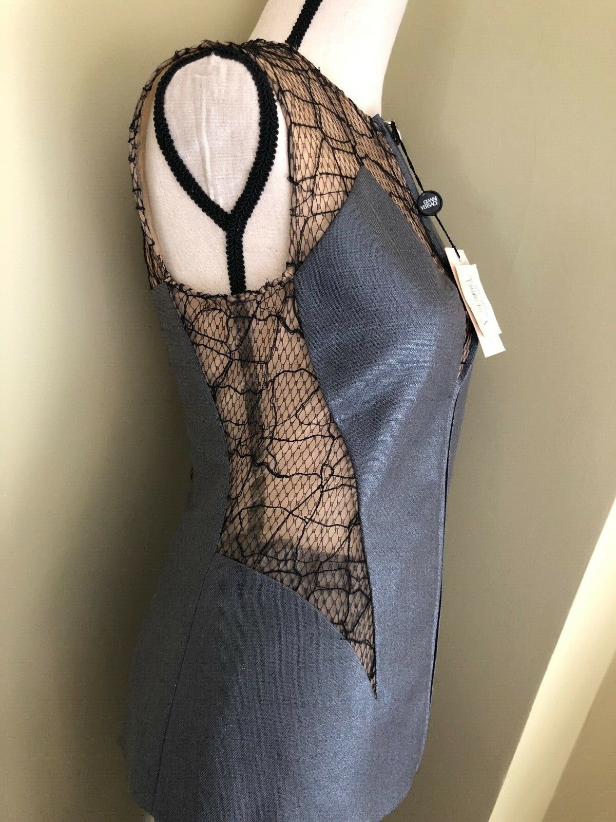 NWT RARE GIANNI VERSACE COUTURE GREY METALLIC MESH PANT SUIT (Size 40 IT)