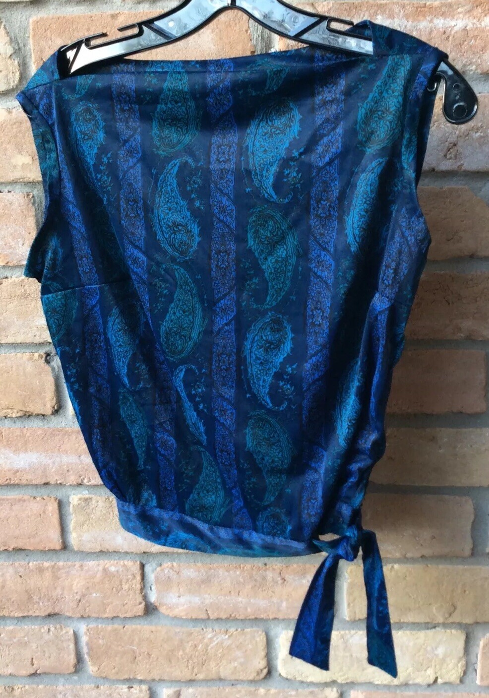 VTG 70s Blue Paisley Top Shirt Sz S/M? Handmade Boho Hippy Art 38-40&Prime;B FLAWS