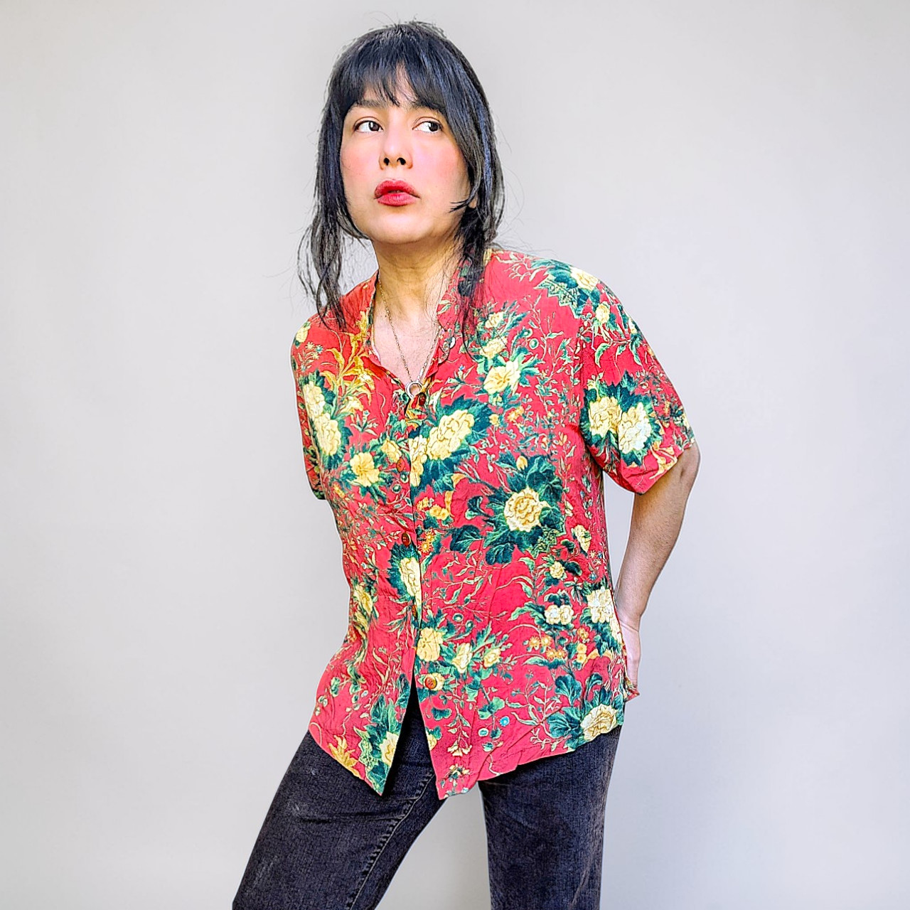 Jams World vintage LE USA made 100% rayon floral mao neck side slits boxy shirt