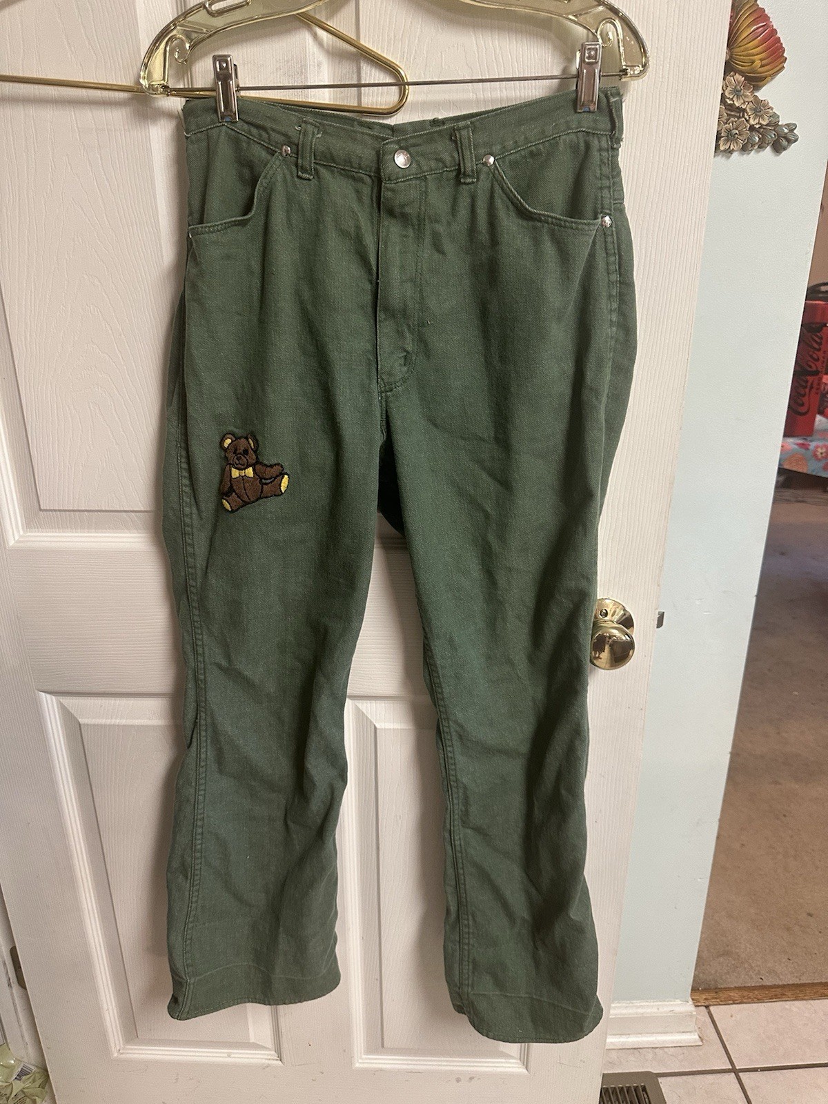 70s Wrangler Misses Jeans Green Denim Snap Button Wide Leg Flare Slim Sz 18 30w
