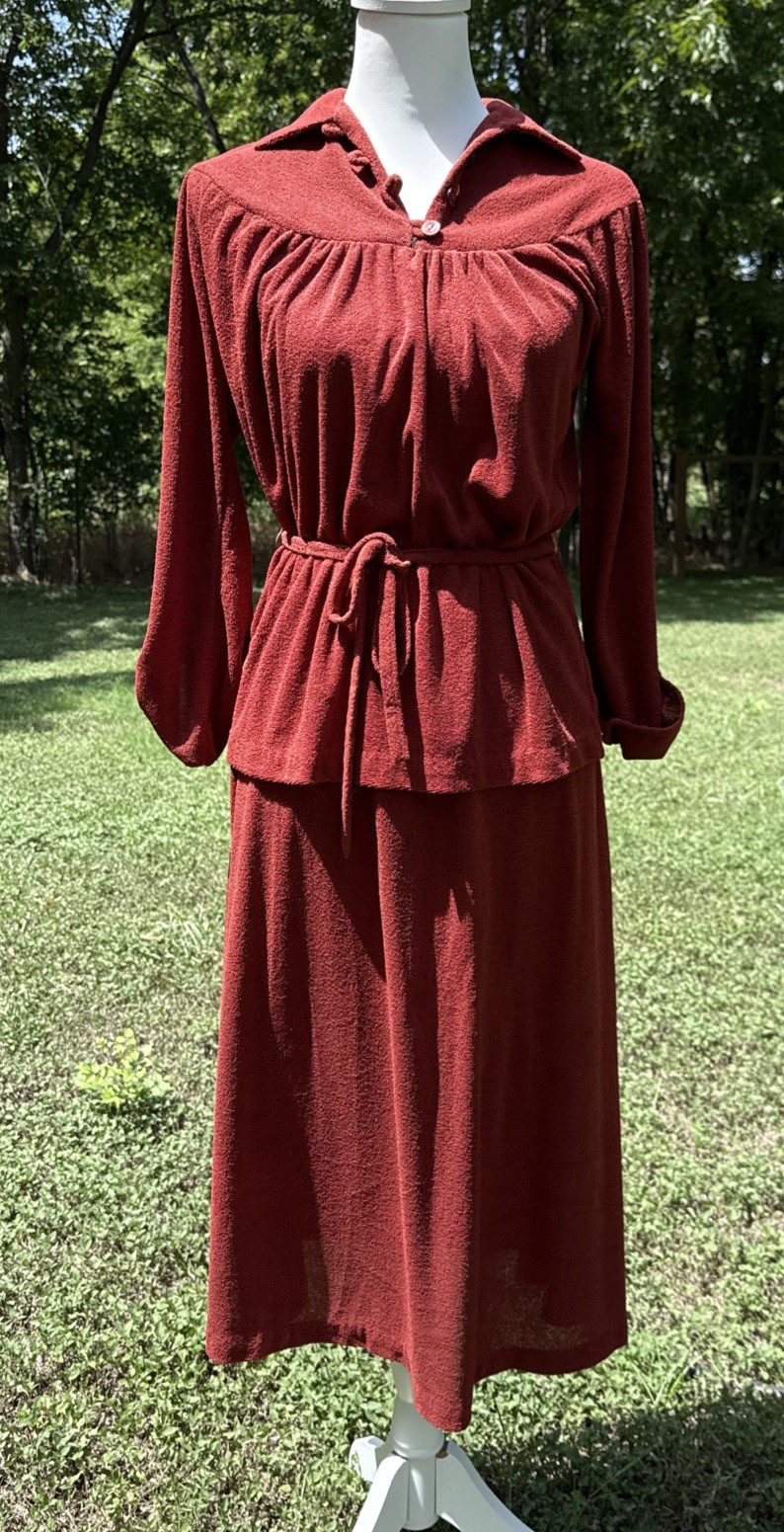 Vtg 2 Pc 70&rsquo;s Rust Terry Cloth Dress w/Button Detail Babydoll Top 9/10 Boho