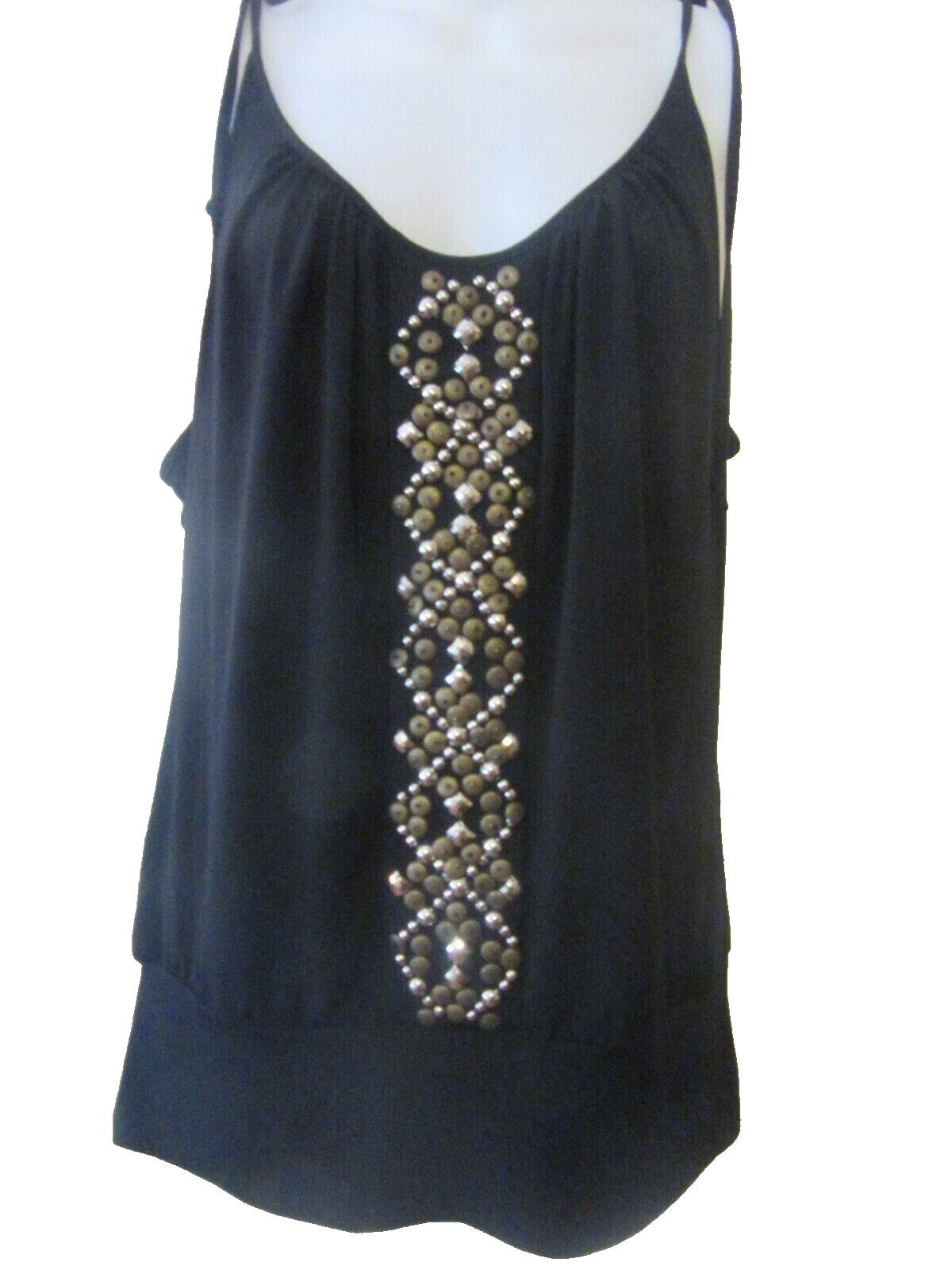 CACHE Y2K Black Bead & Studded Detail Shoulder Tie Banded Hem Top L (8-10) $78