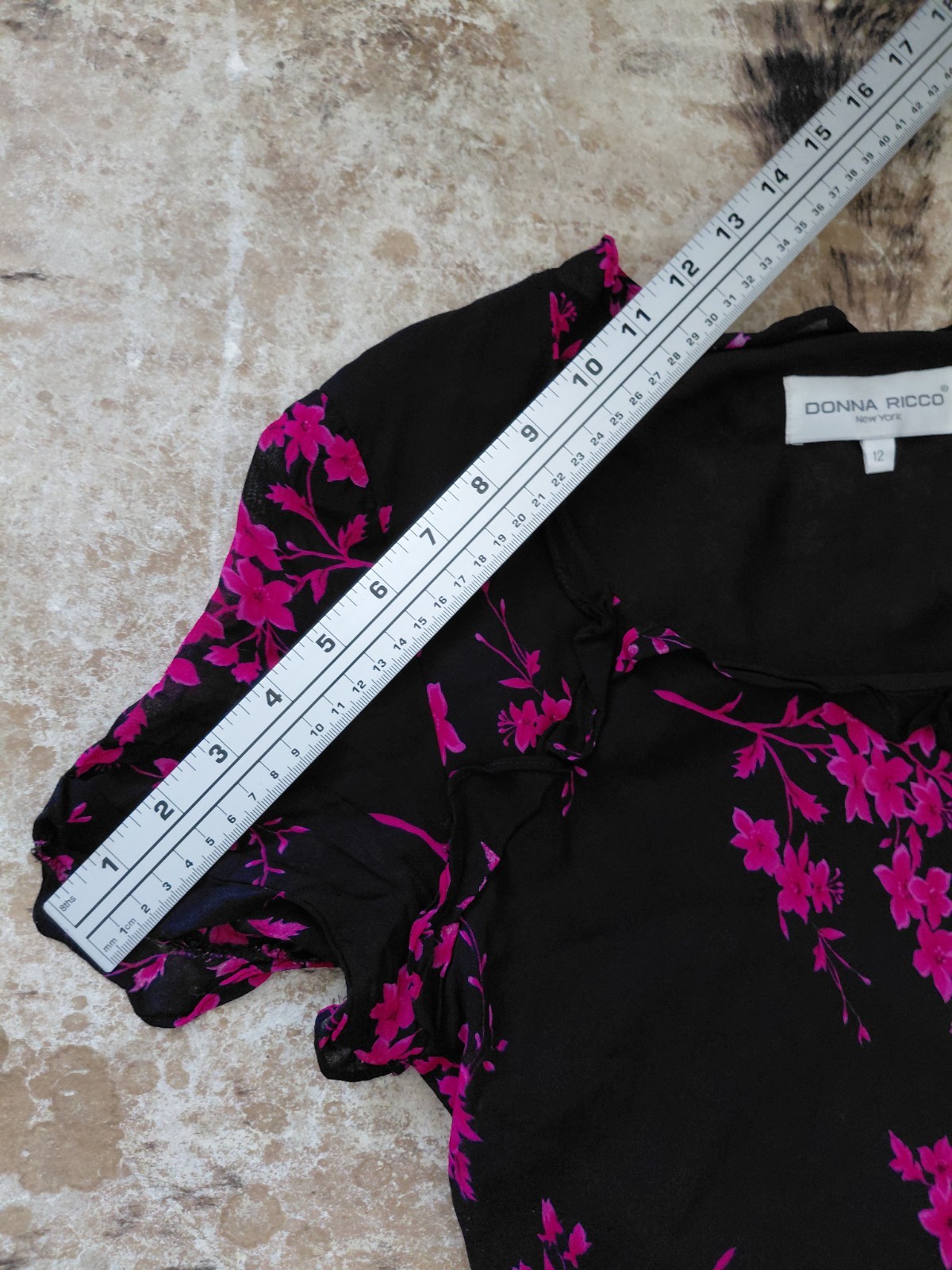 Vintage 90s Black Dress Pink Florals Rouged Sleeves Crinkle Hemlines Size 12