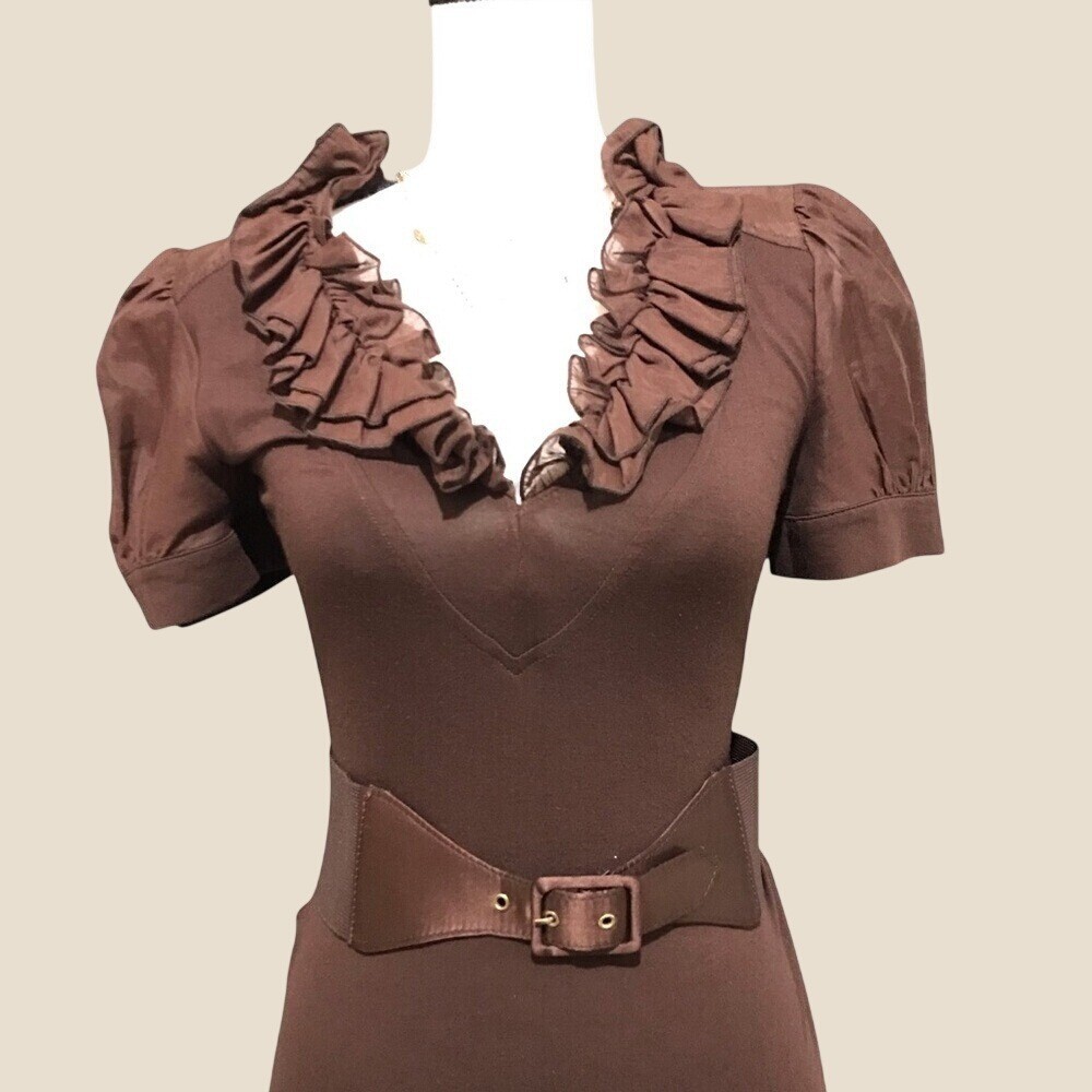 Bebe Vintage Y2k Chocolate Brown Ruffle V-Neck Belted Bodycon Midi Dress