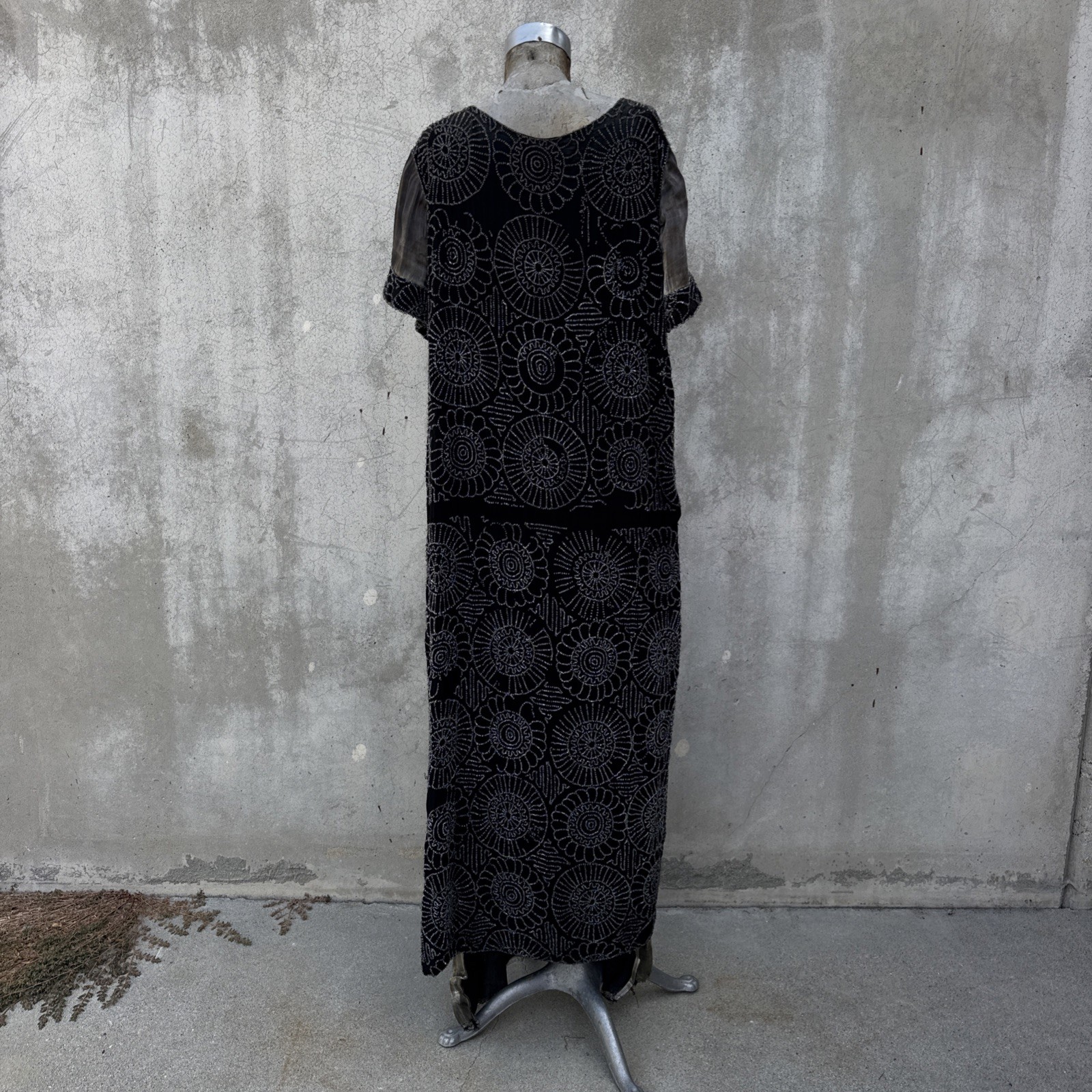 Antique 1920s Completely Beaded Flower Gown Silver Lamé Full Length Dress VTG