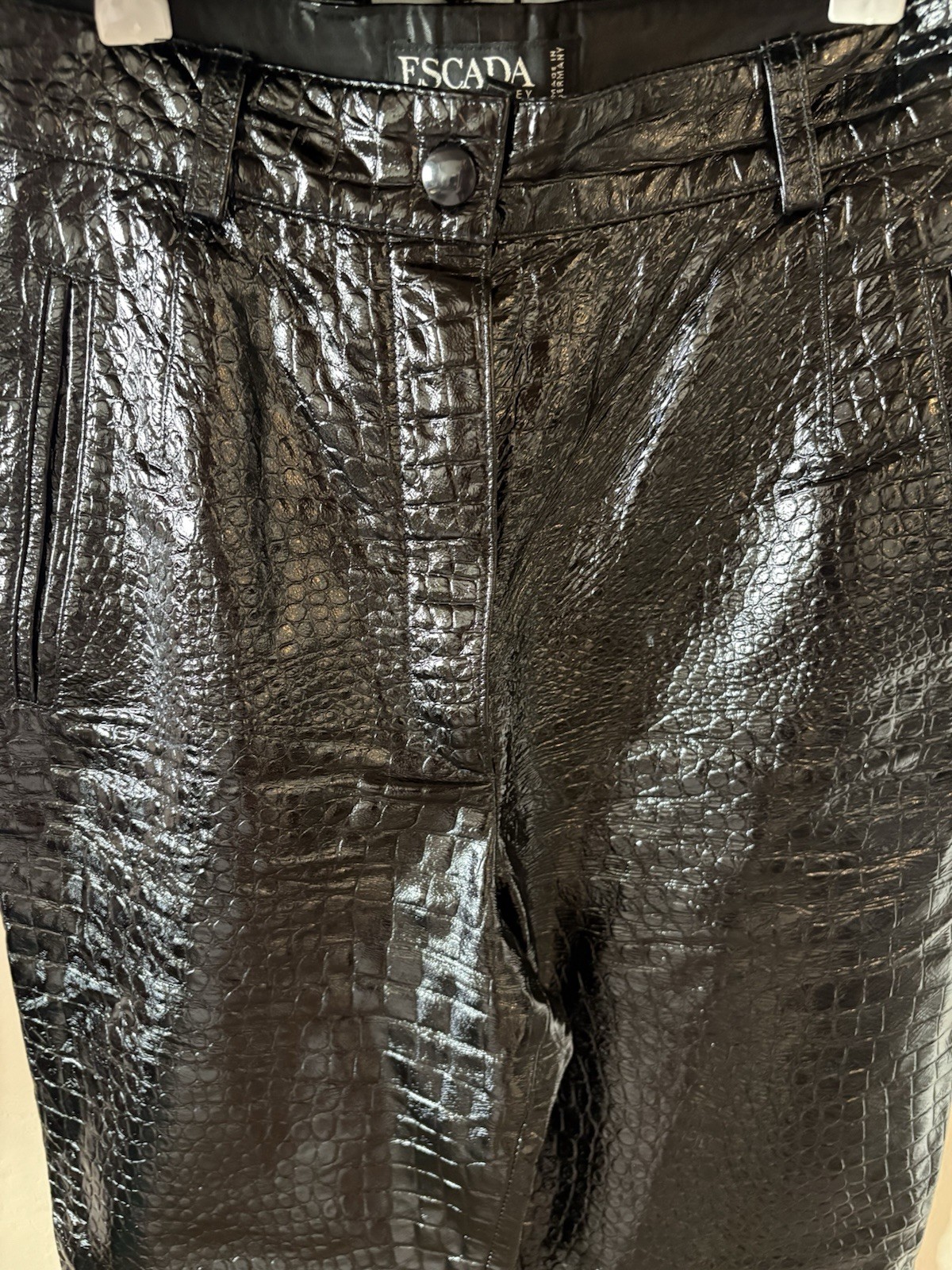 Rare Escada Margaretha Ley Pantsuit Set Leather Croc Embossed Moto EU 34/36