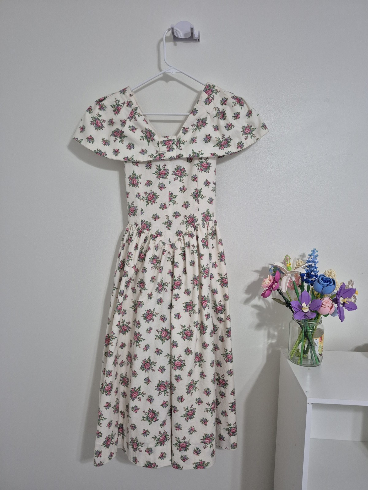 Vintage 80s Handmade Floral Prairie Dress Portrait Collar Cottagecore – S/M
