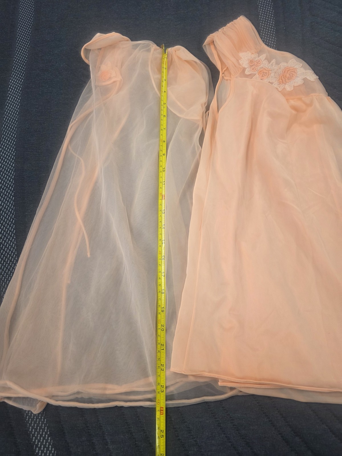 Vtg Babydoll Peignoir Set Peach Pandora Lingerie Robe Chiffon Sheer 100% Nylon