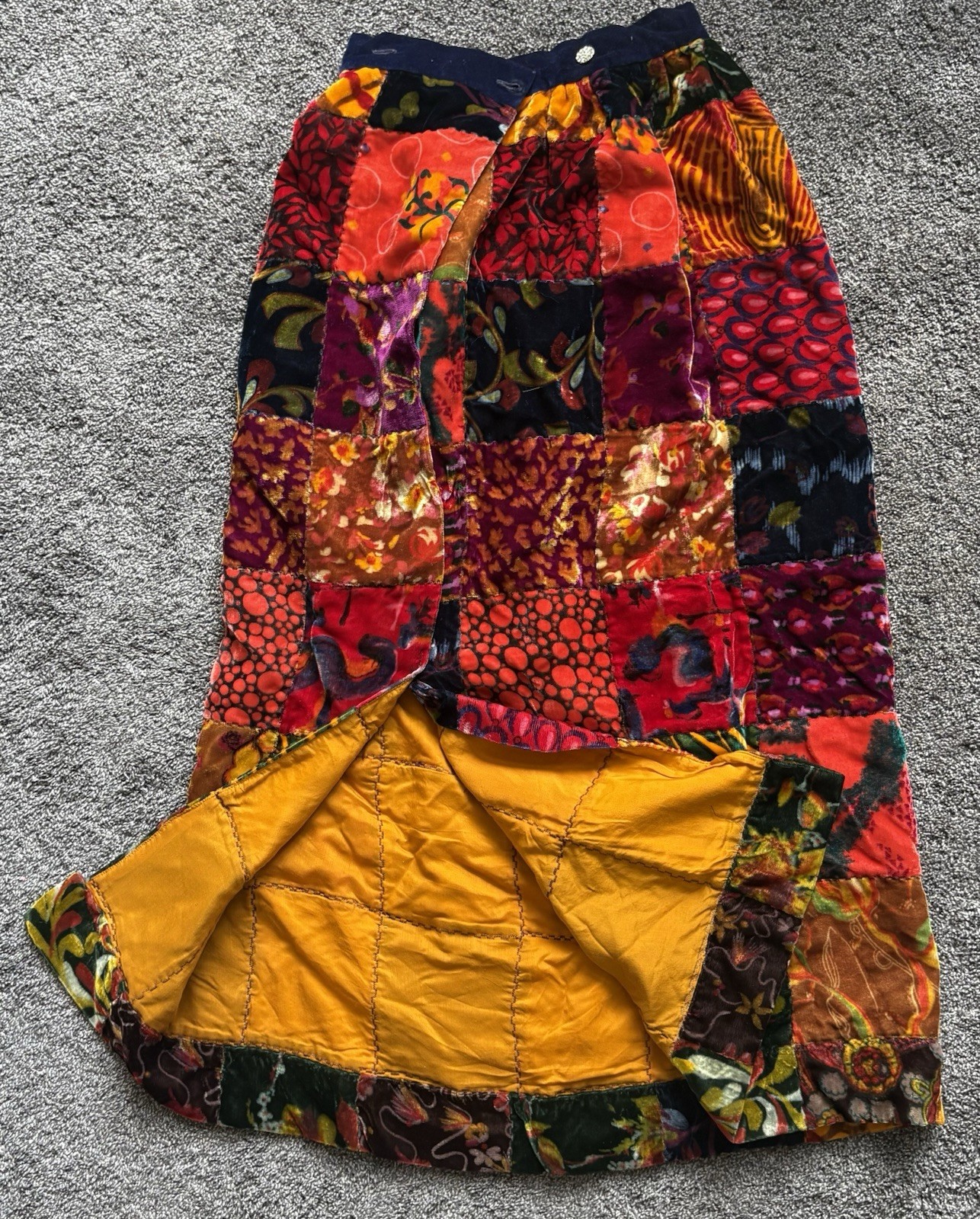 Vintage 1970s Velvet Patchwork Maxi Skirt Eclectic Mix Floral Geometric Vibrant