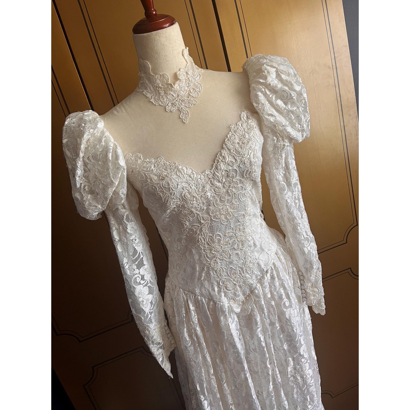 Vintage wedding gown with lace, beads, sequins and train