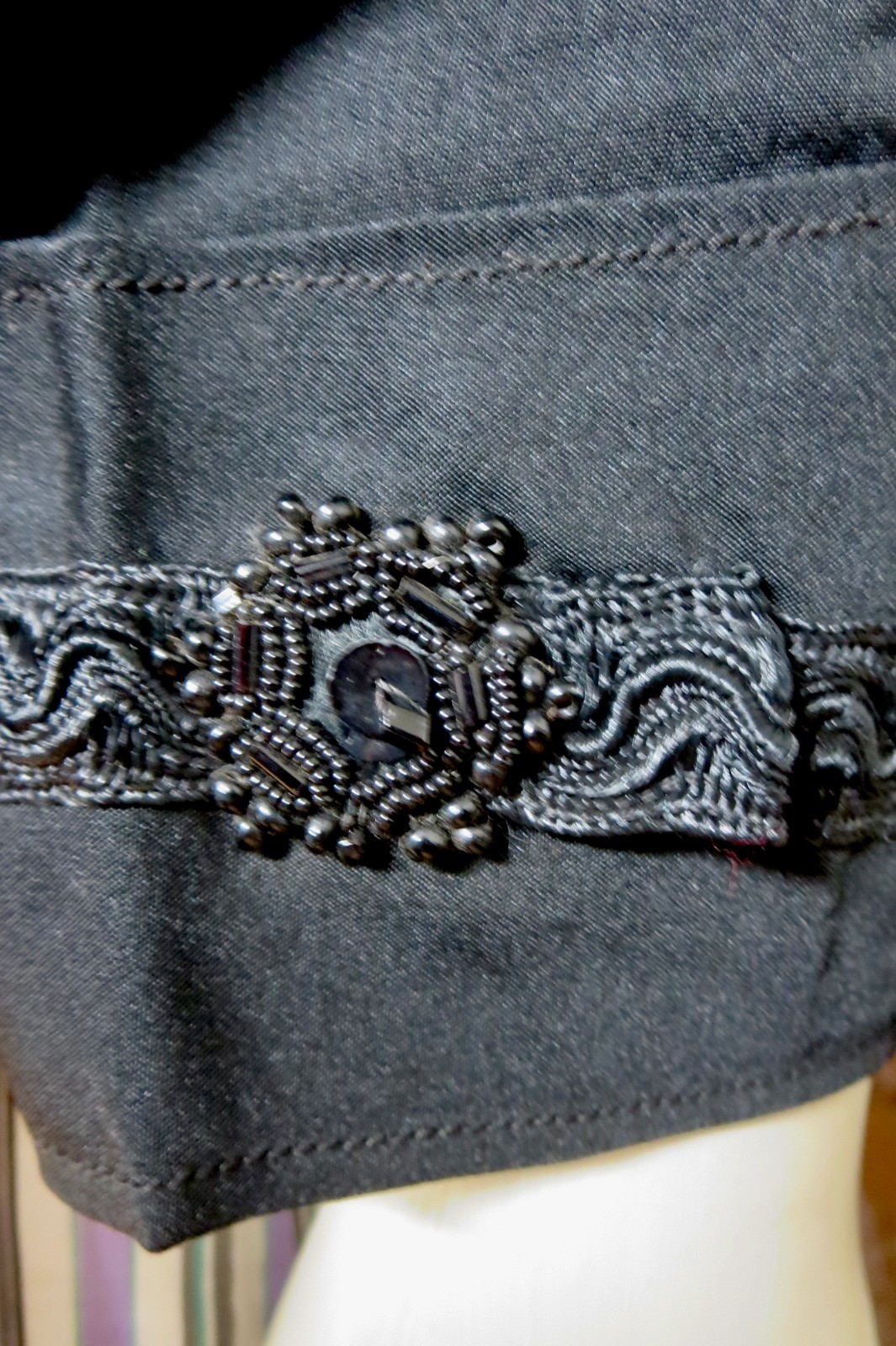 1900 Black Silk Jacket Black Silk Trim & Beaded Embellishment down front AS IS