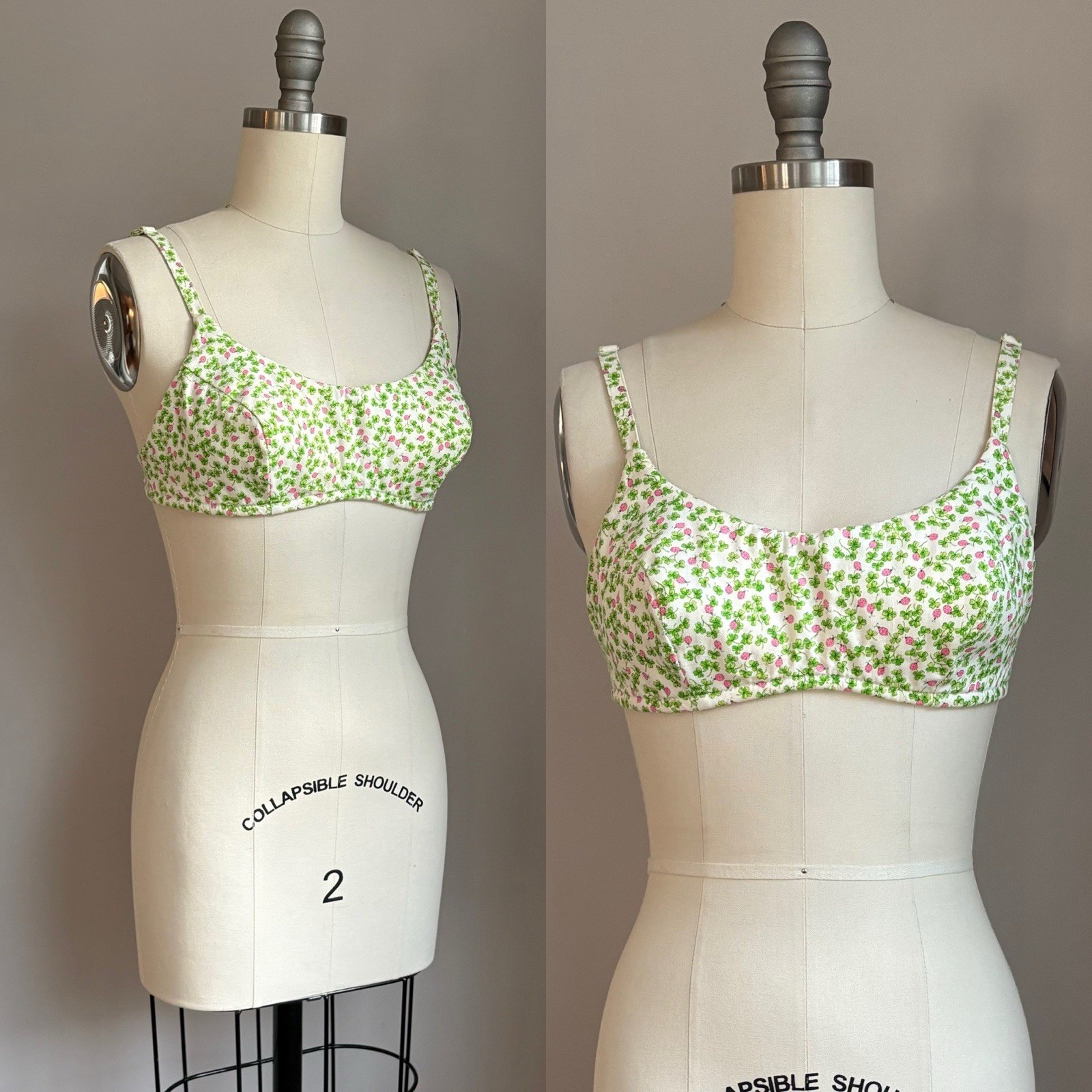 Vintage 1960’s Four Leaf Clover Shamrock & Pink Ladybug Bikini Halter Top XS