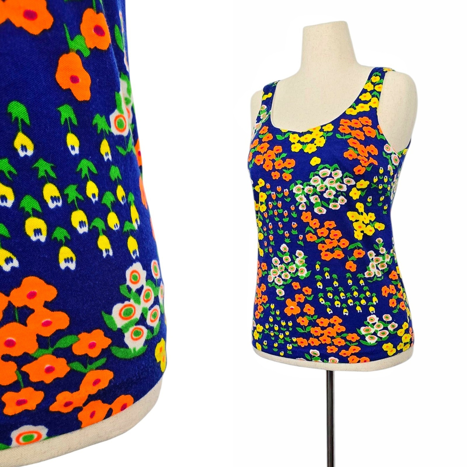 1960s Vintage Shirt 60s Tank Top Flower Power Blouse Built In Bra Small Medium