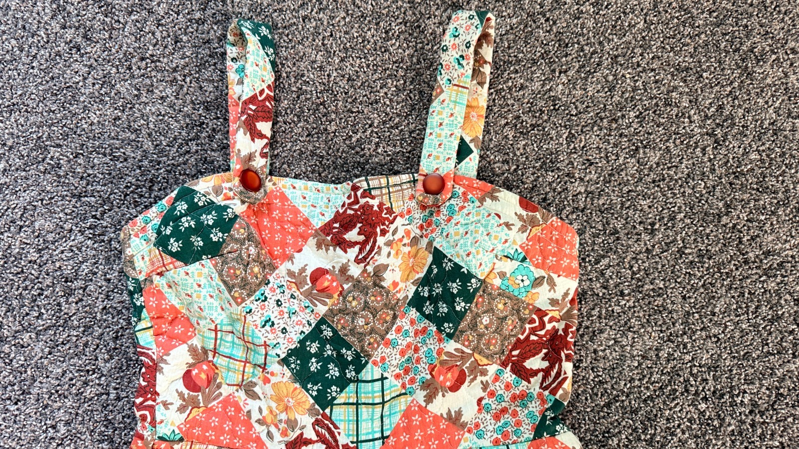 Vintage Handmade Patchwork Prairie Dress Pockets Snap Straps Cottagecore