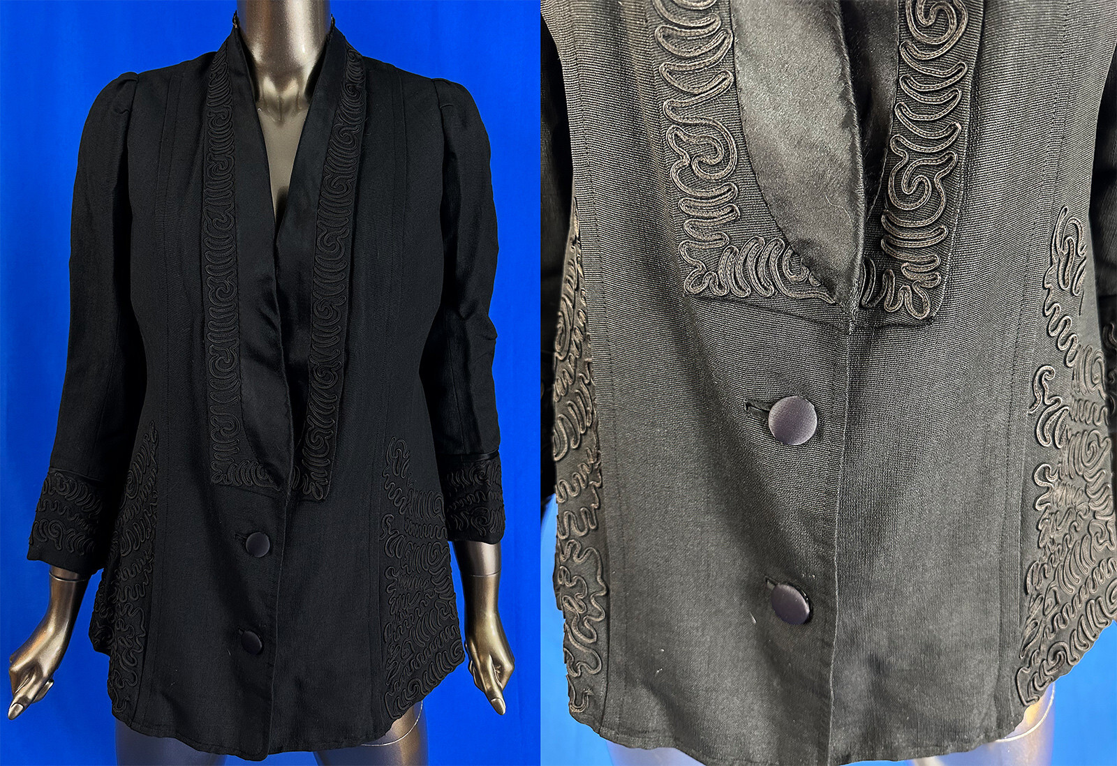 Edwardian Black Silk Grosgrain Soutache Braid Passementerie Walking Suit Jacket