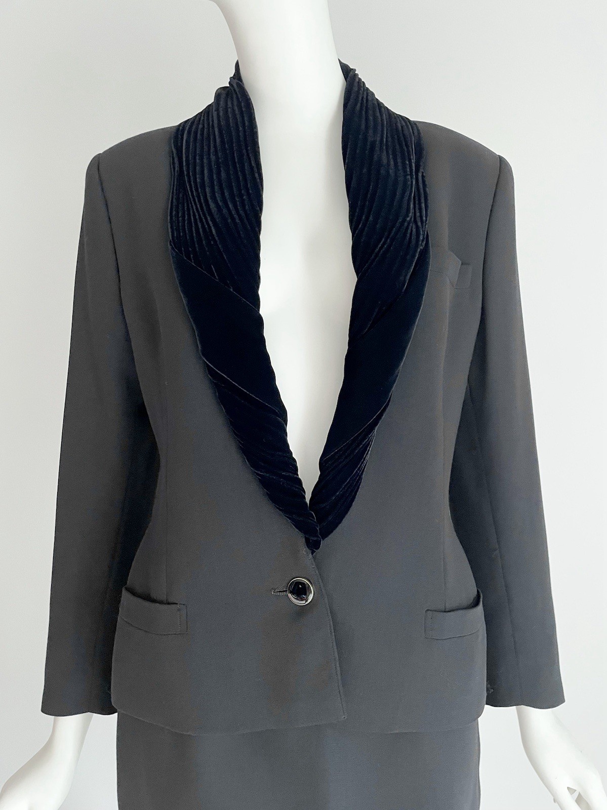 Vintage 1980s Gianni Versace Black Wool Velvet Twist Trim Skirt Suit Set Jacket