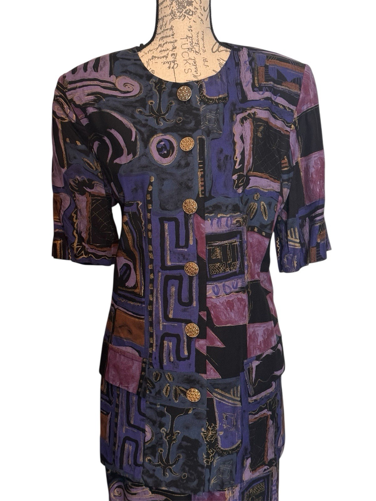 Jeffrey & Dara Vintage Purple Multicolored Geometric Two Piece Shirt Set Size 14