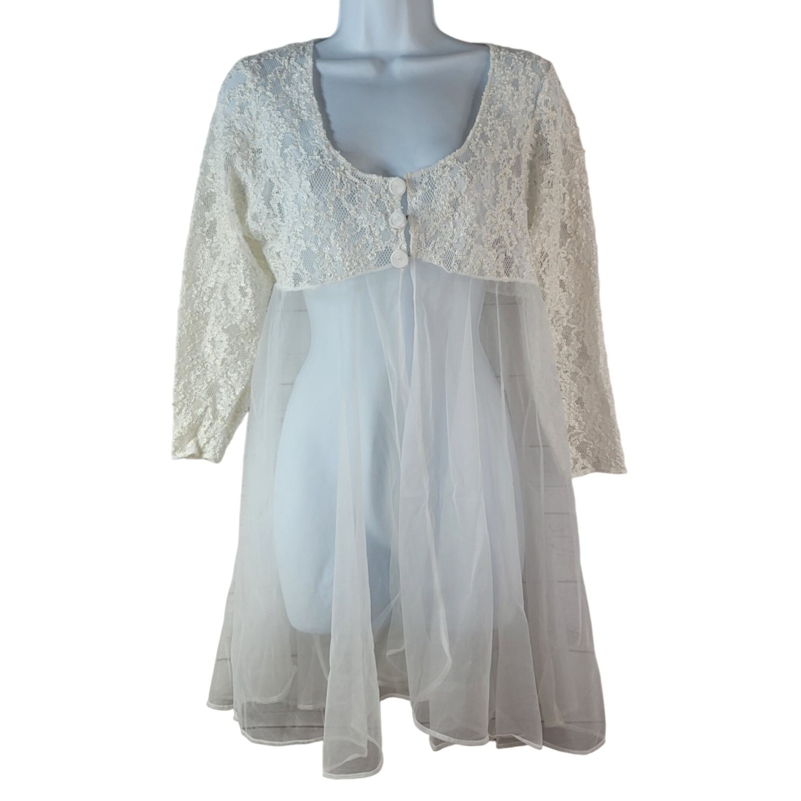 Val Mode Short Sheer Robe White Medium Button Bridal Chiffon Lace Peignoir VTG