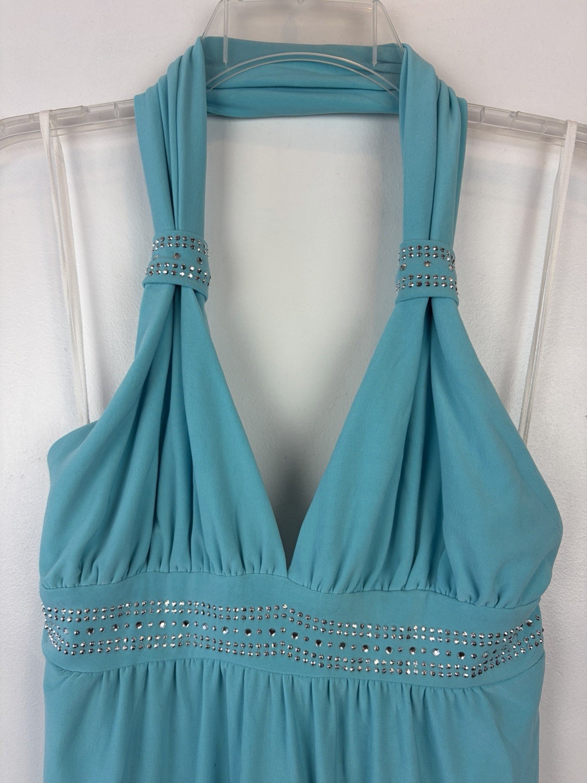 Vintage Disco Halter Dress Womens Large Strappy Blue Liquid Jersey Evening Event
