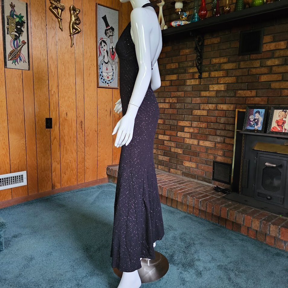 Vtg 80s Silver Glitter Goth Mermaid Backless Halter Dress Evening Prom Gown S