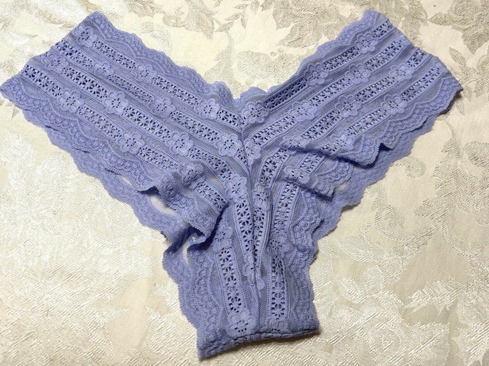 Vtg Unbranded Embroidered Floral Stretch Lace Sz 9 Blue Hipster Panties #244