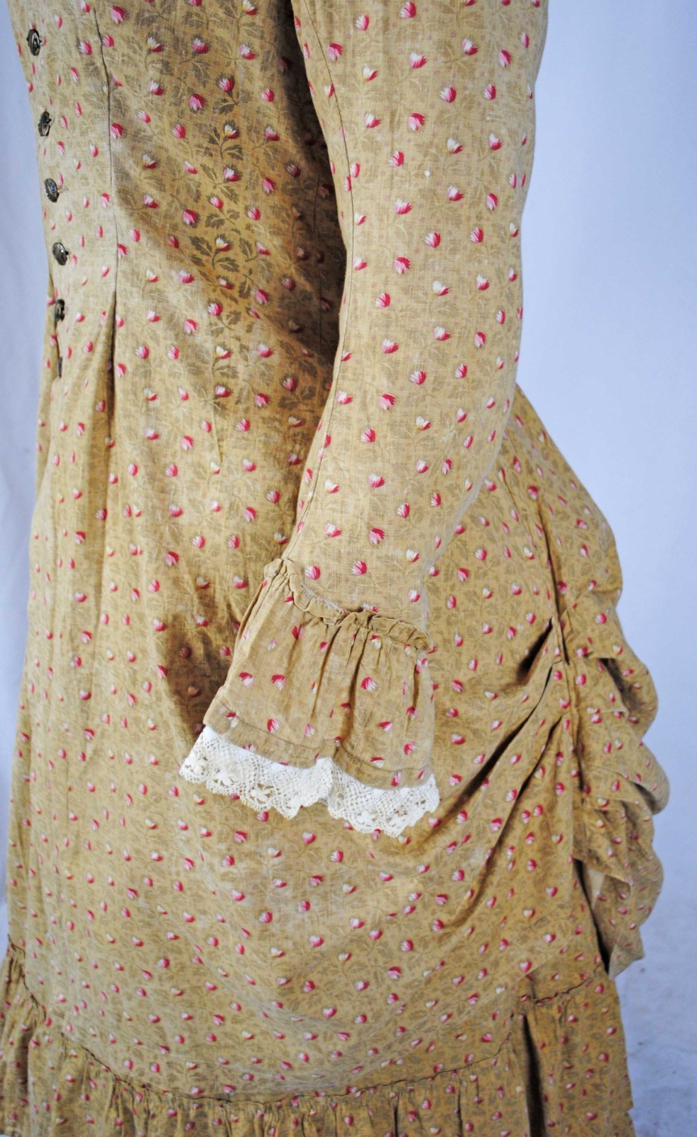 VICTORIAN 2 PIECE PRINTED CALICO AFTERNOON VISITING BUSTLE DRESS 1890