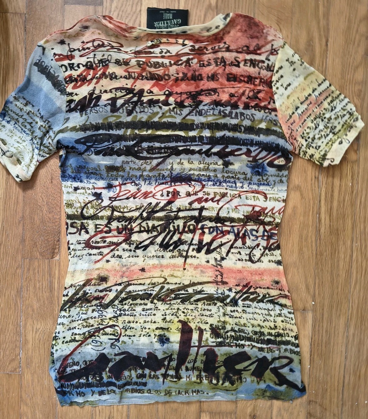 VINTAGE JEAN PAUL GAULTIER MAILLE MESH GRAPHIC SIGNATURE T SHIRT SZ. L