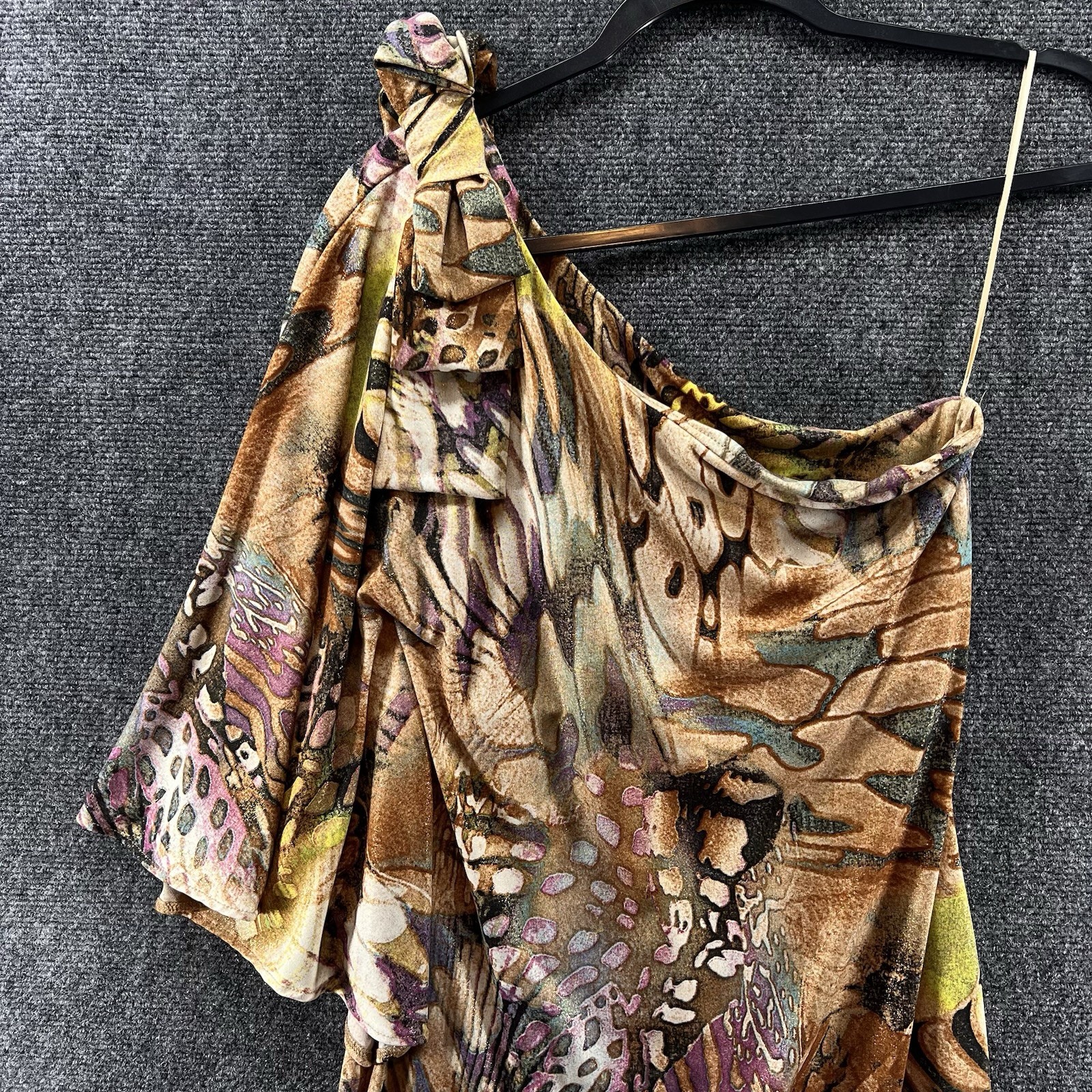 Vtg Cache One Shoulder Bodycon Mini Dress Brown Monarch Butterfly Print Y2K Club