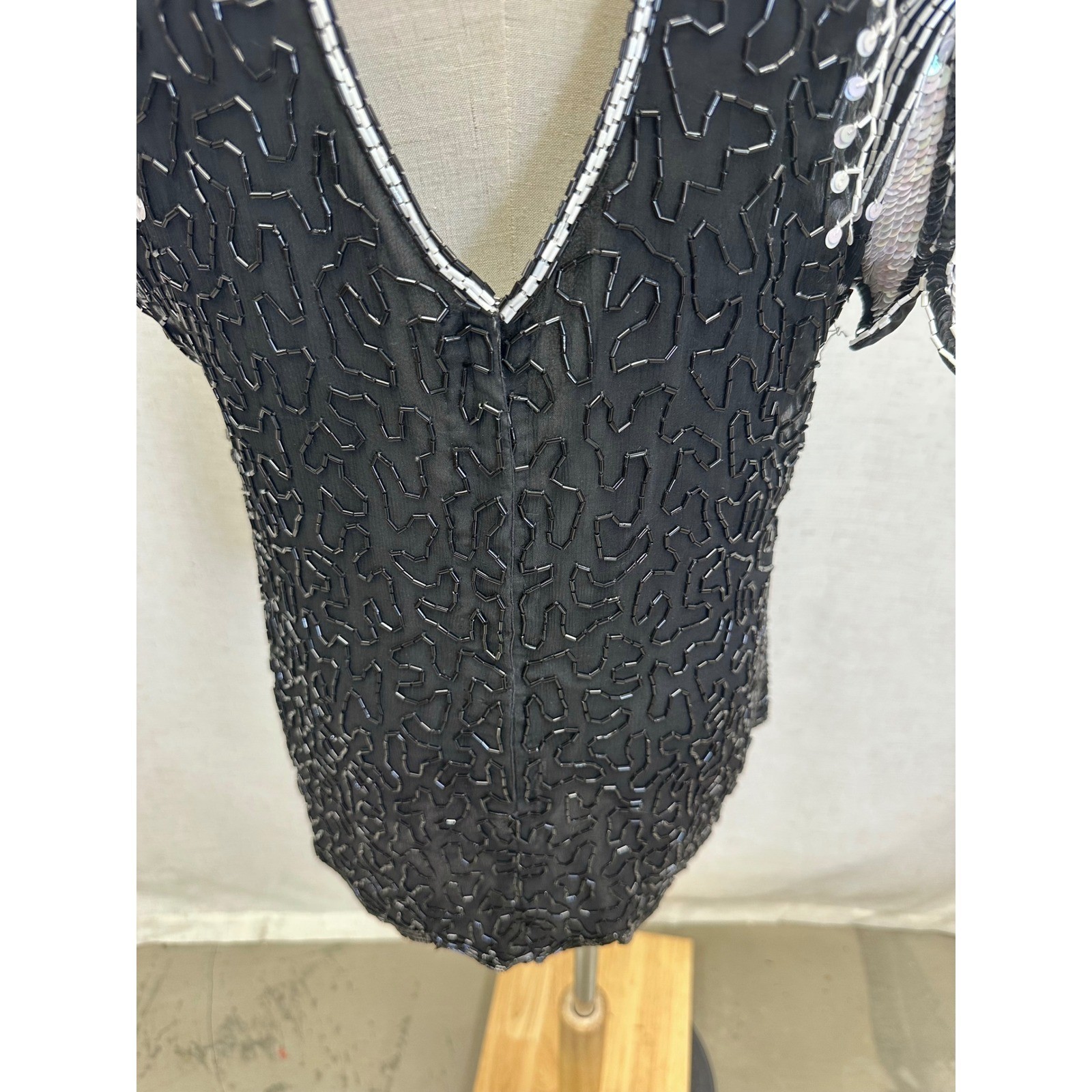 Stenay 100% Silk Beaded Sequin Black White Top Womens 14 Vintage Evening Blouse