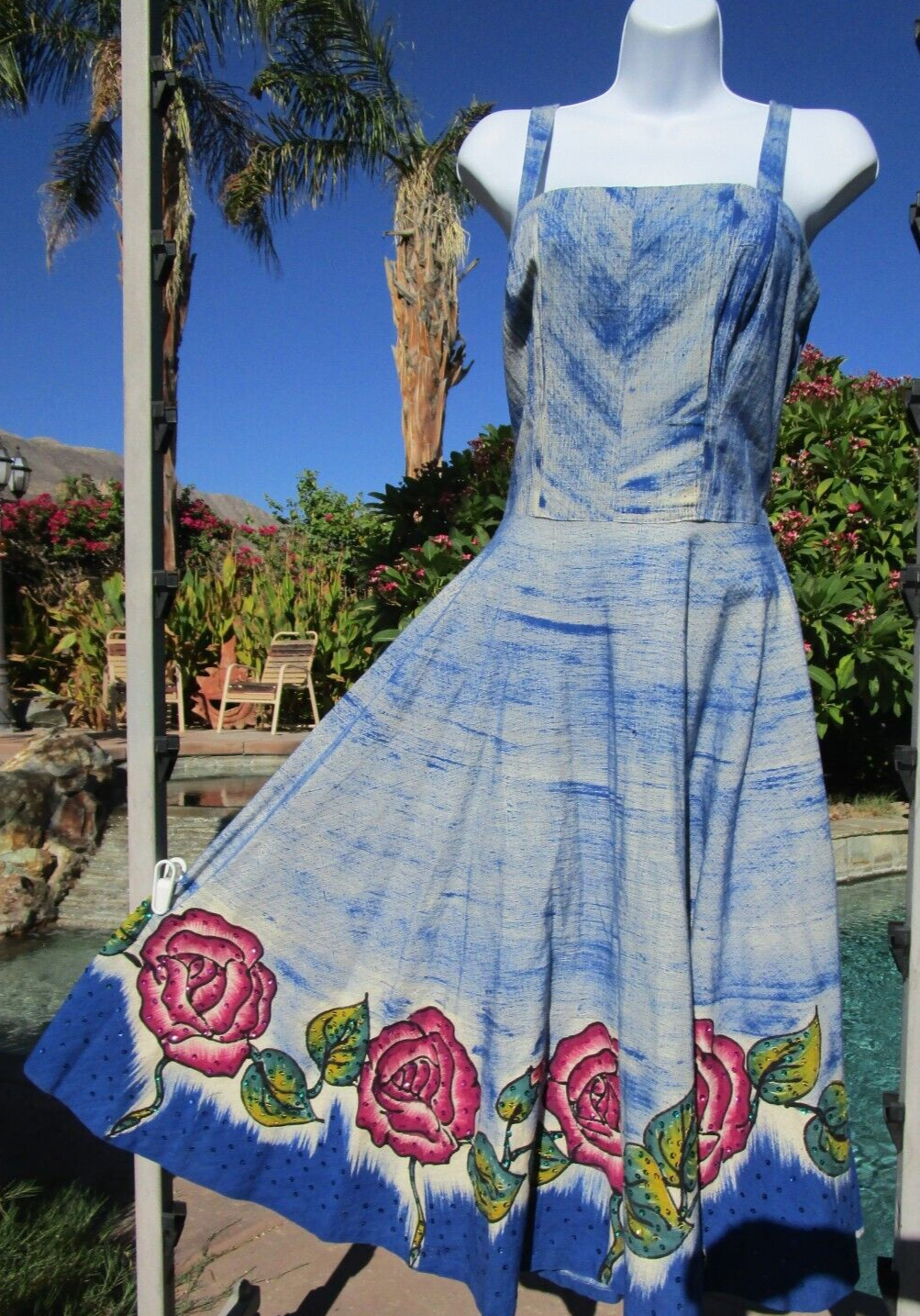 Vintage 1950s Mexican handpainted full dress sequins 36/38&Prime; bust 31&Prime; waist midi