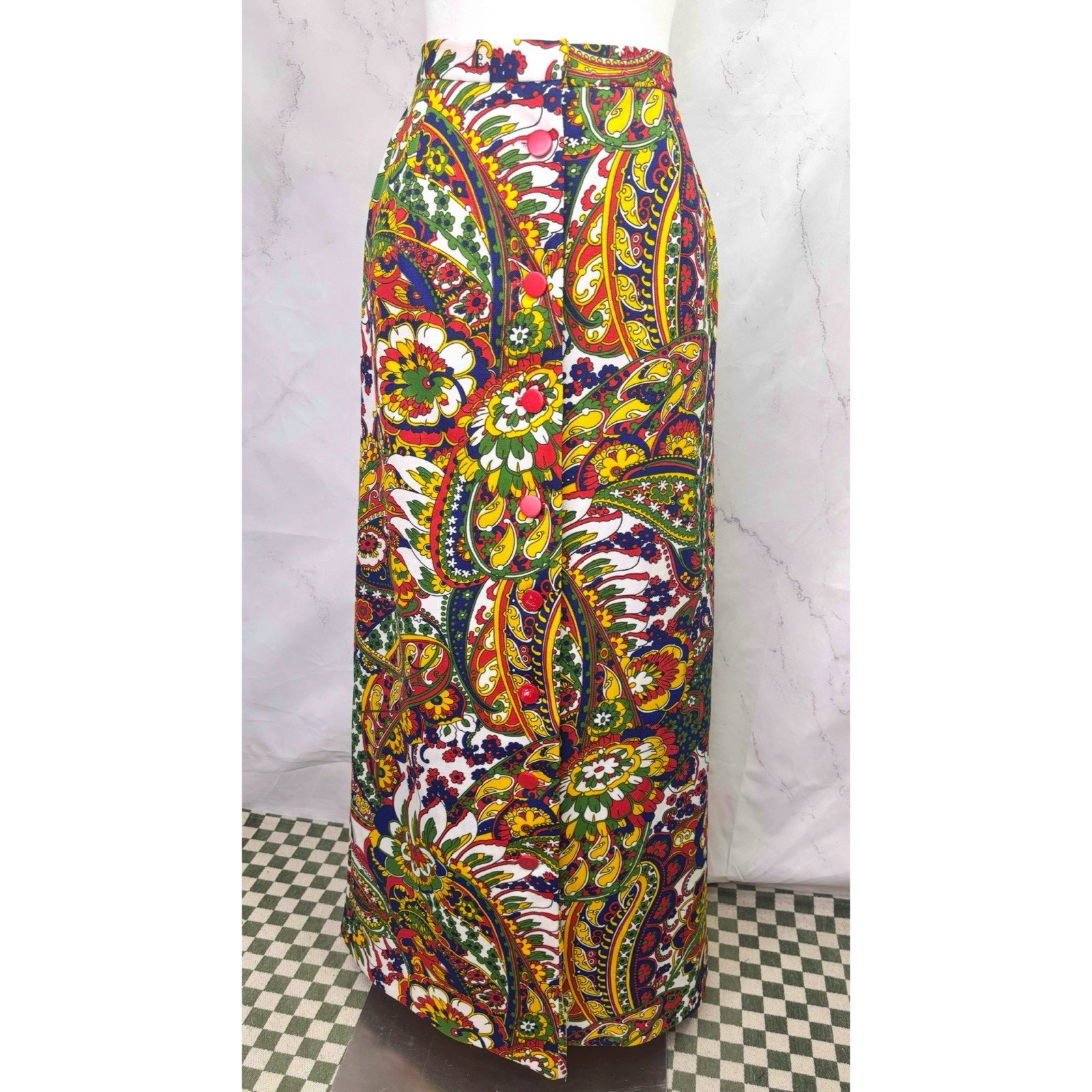 Vintage 60s MOD Maxi Skirt Psychedelic Paisley Retro Button Front XS MCM 70s