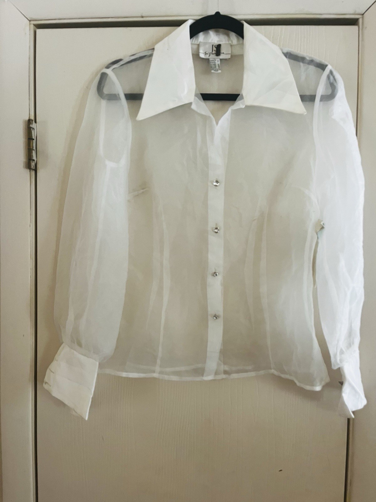 VTG Organza Avant Garde Crystal Button Cocktail Party Balloon Sleeve 80s Blouse