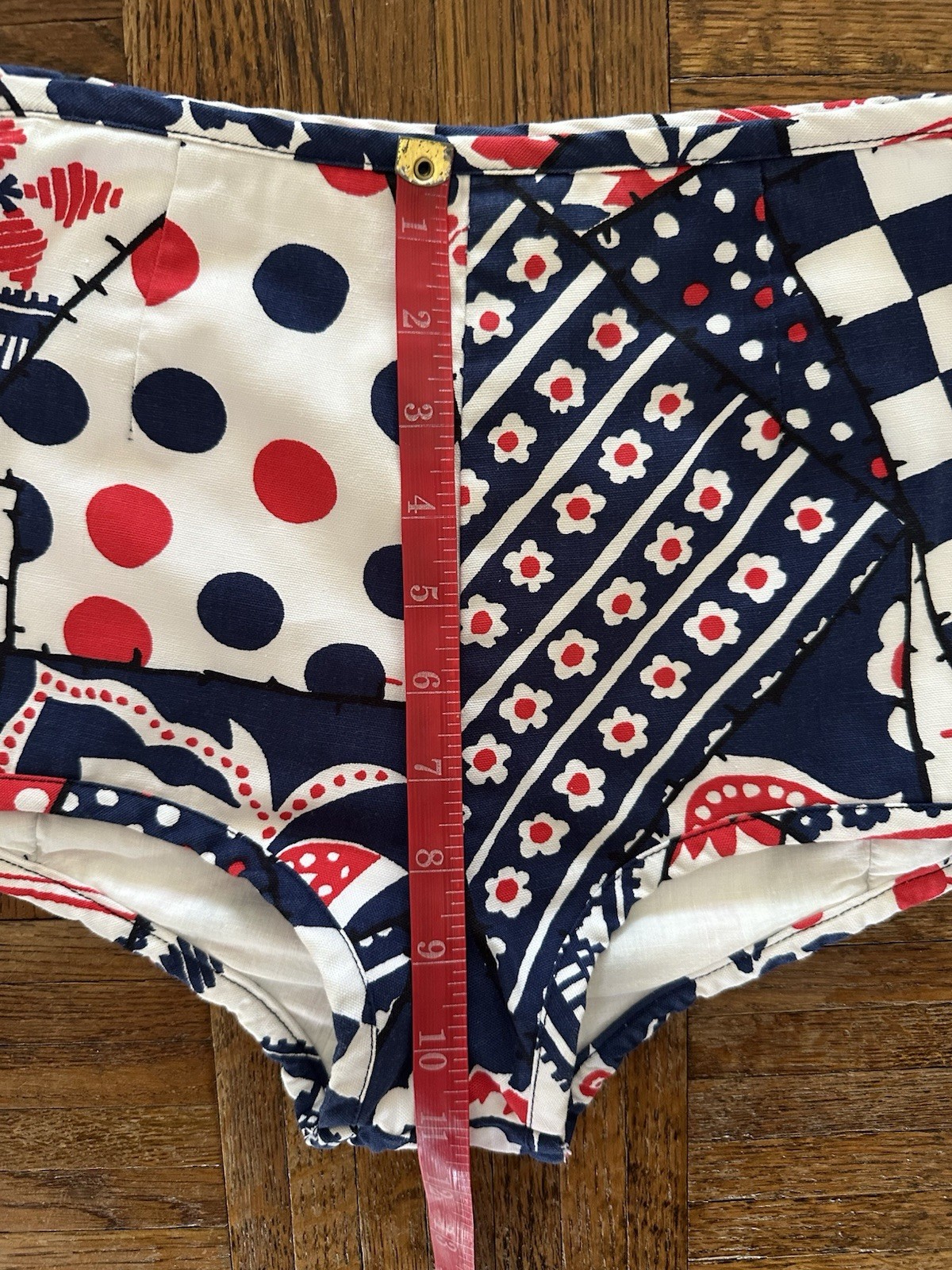 1960s Patchwork Print Lace Up Swim Bottoms Hot Pants Mod Floral Polka Dot S VTG