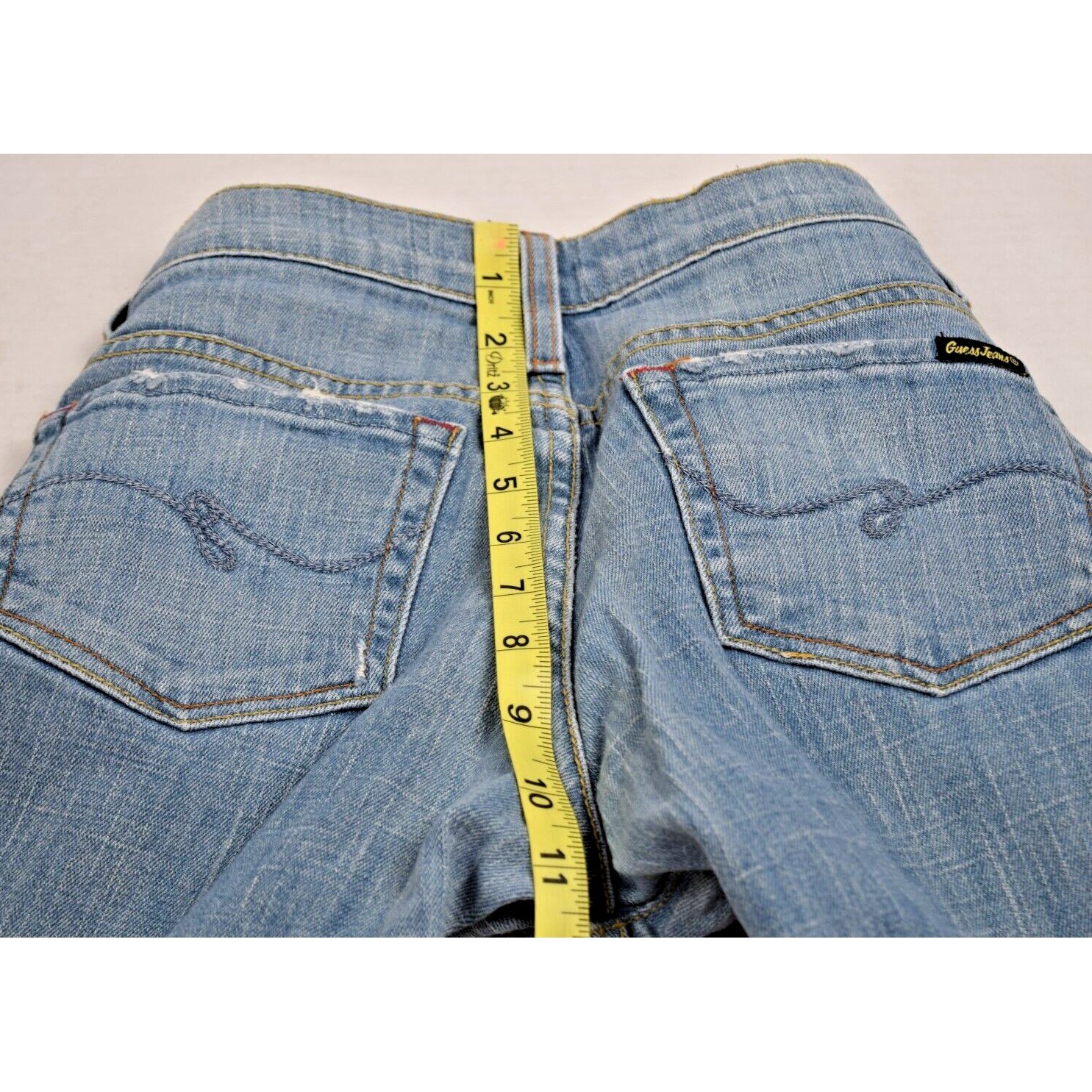 Vintage Guess Jeans Size 26 x 31.5 90s Light Blue Fade Low Rise Flare Made USA
